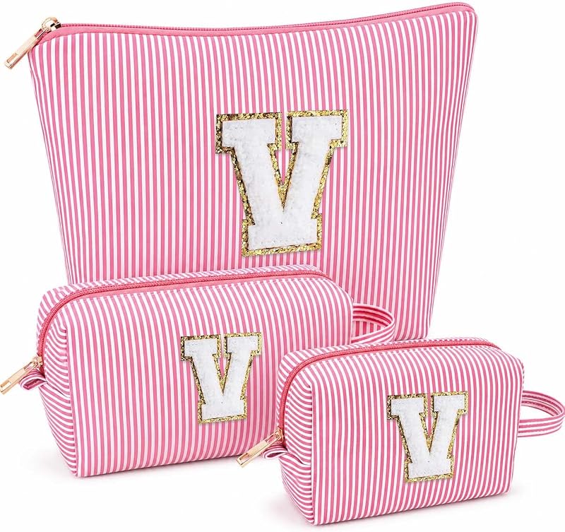 ARIVOY Necessaires de maquiagem listradas com inicial, rosa, Modelo V — Pacote com 3