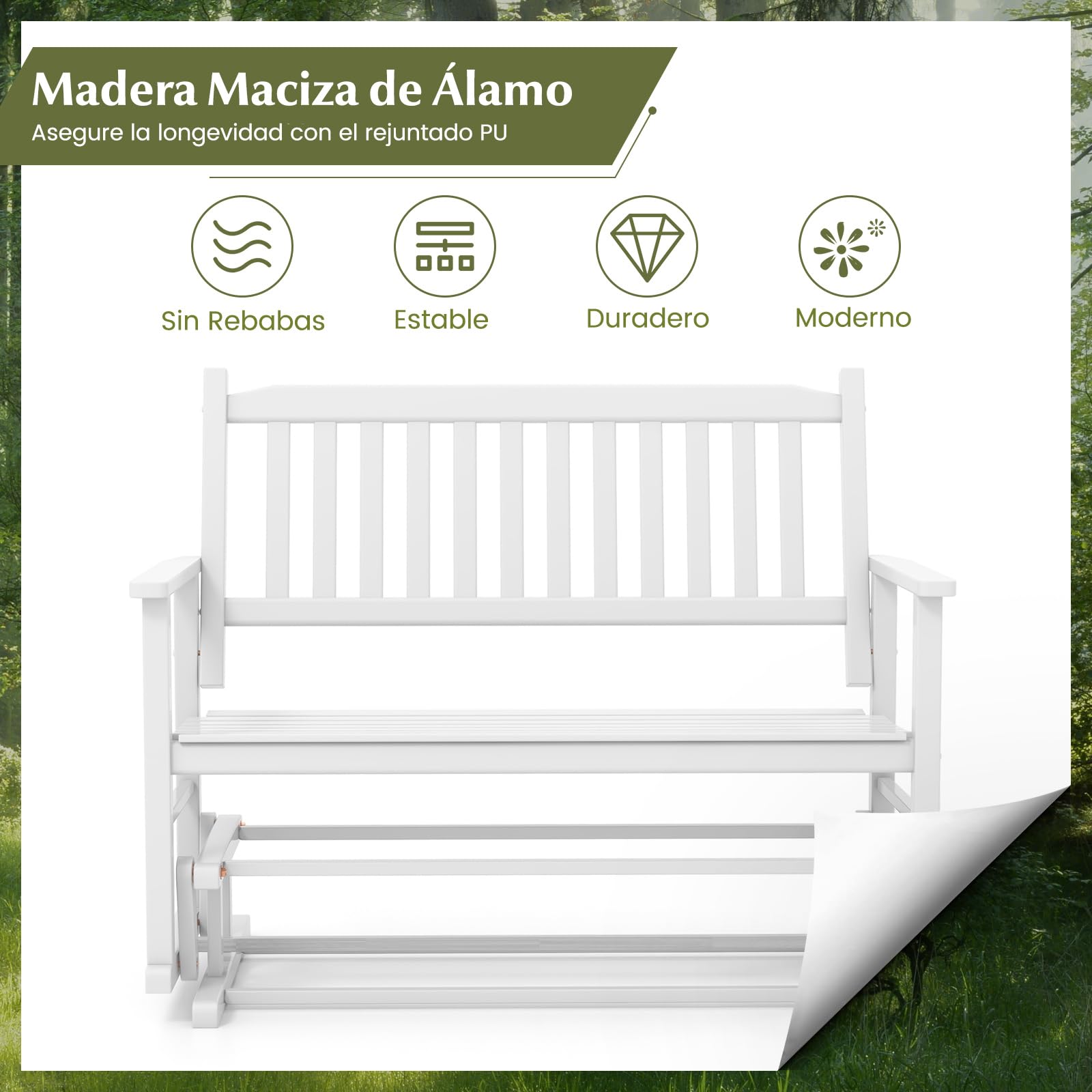 COSTWAY Banco Balancin Jardin Exterior 2 Plazas, Mecedora con Asiento de Listones y Respaldo Curvado, Deslizamiento Suave y Seguro, Blanco, 126 x 68 x 100 cm