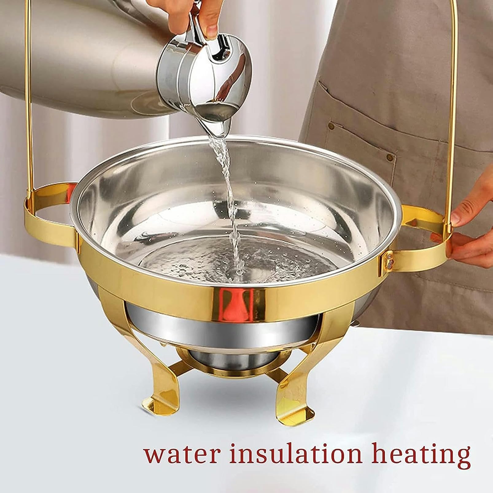 Chafing Dish in acciaio inossidabile dorato con gancio, set di contenitori riscaldanti per buffet di catering, include teglia per cibo, teglia per acqua, contenitore per combustibile, per feste, mat