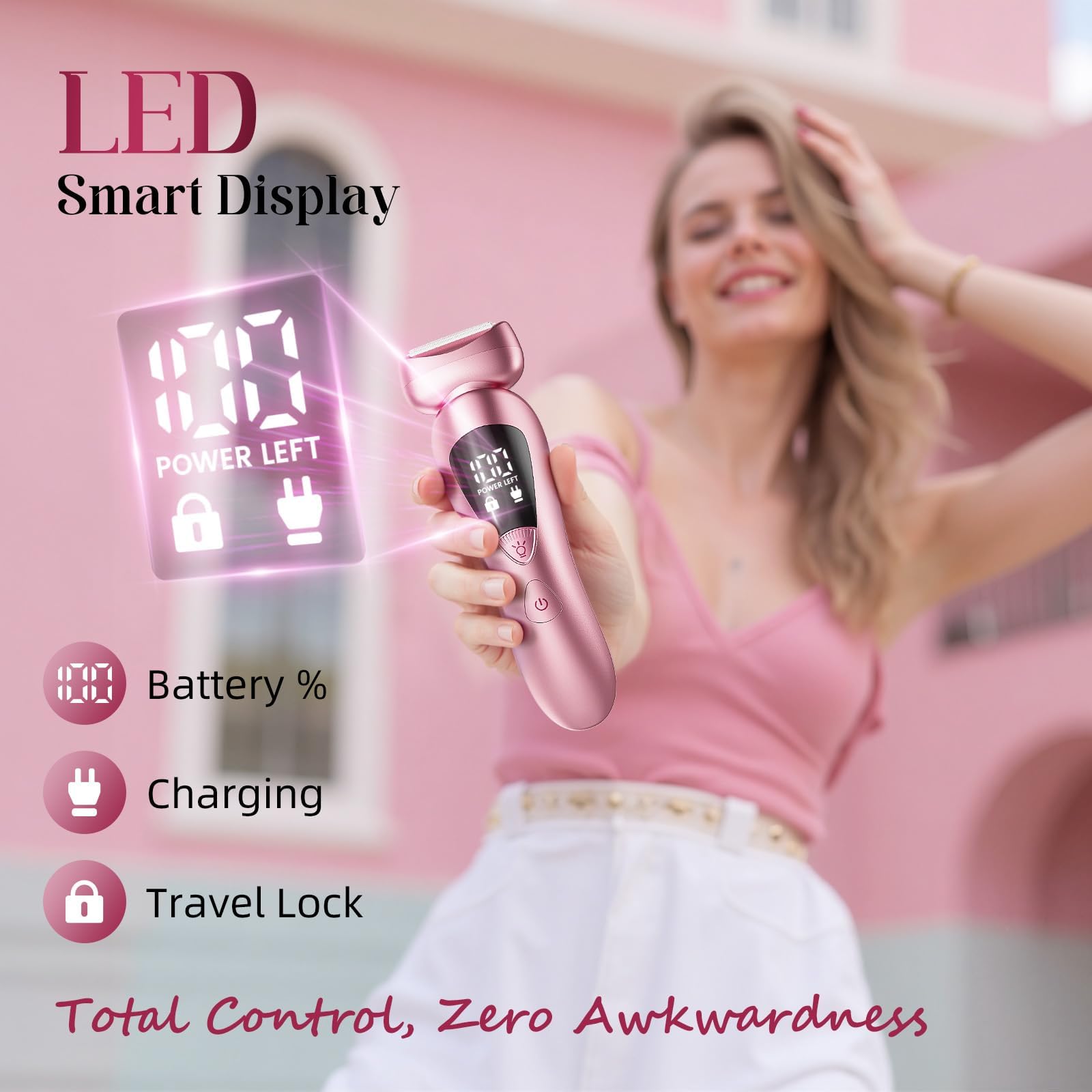 rategist Rasoio elettrico senza fili per le donne: IPX7 e display a LED | 3 in 1 per viso/ascelle/gambe, ricaricabile e indolore, design da viaggio impermeabile e leggero