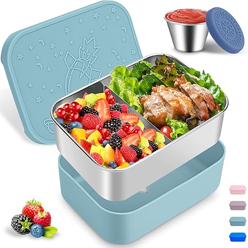 Miniatura 1 de Lonchera Bento de acero inoxidable, con divisor extraíble de 28.7 onzas, recipientes de almuerzo de metal reutilizables a prueba de fugas con tapa