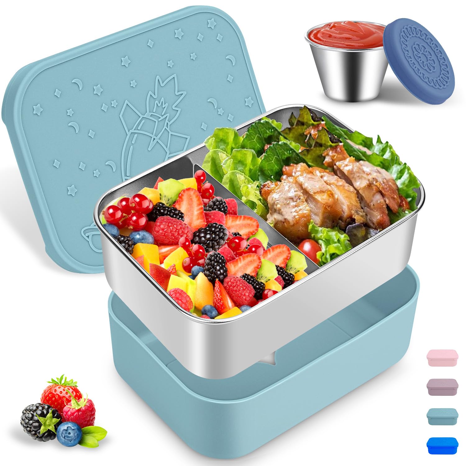 Stainless Steel Bento Box, 28.7oz Removable Divider Bento Lunch Boxes, Leak Proof Reusable Metal Lunch Containers with Silicone Lid Easy open, Including 2.4oz Sauce Container (Aqua Blue)