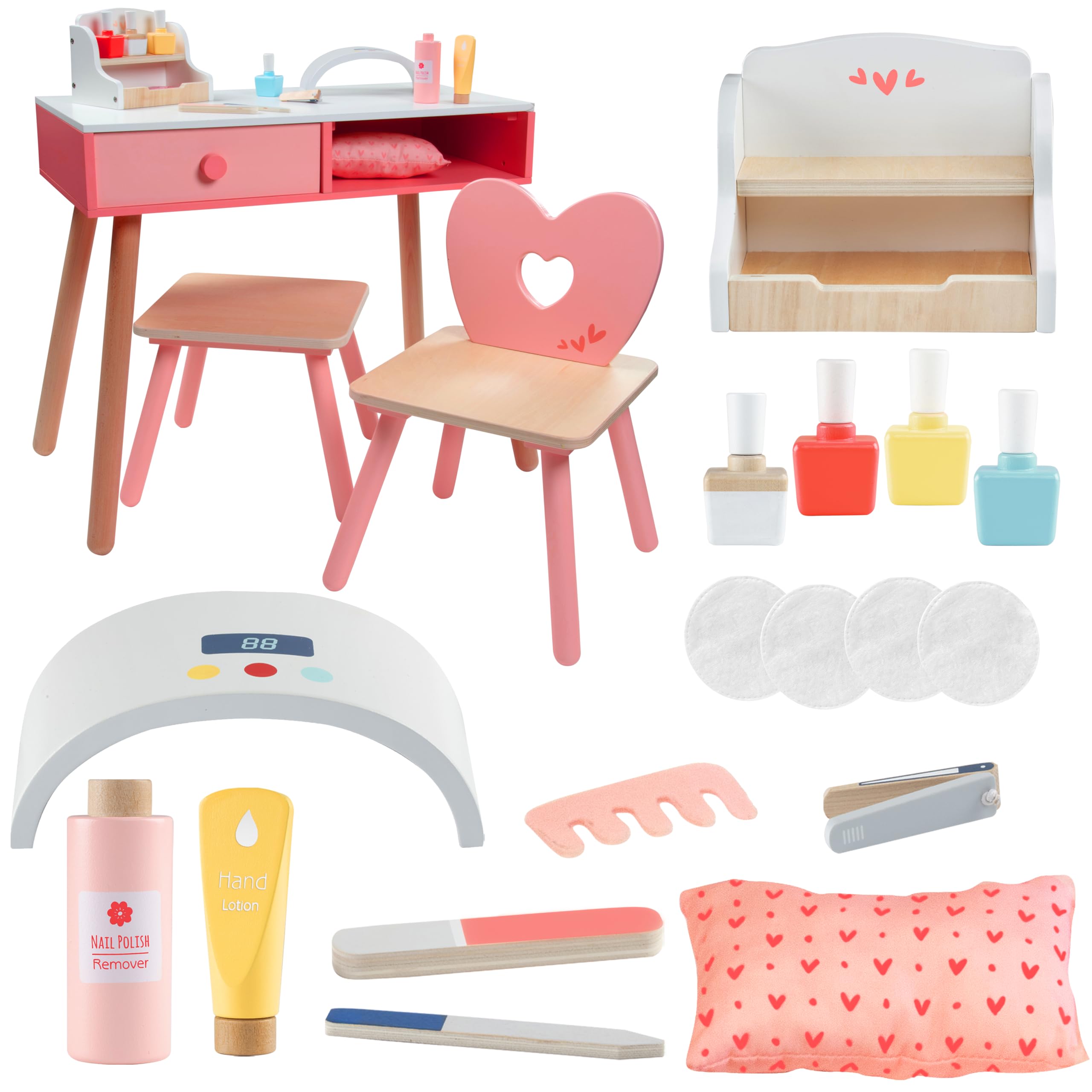 Pretend Nail Salon Wooden Play Set - Run Your Own Salon - Full Playset Includes Nail Polishes, Beauty Caddy, File, Dryer, Chair & Stool - Mess-Free, Fun Mani Pedi Manicure Nail Care for Girls and Kids
