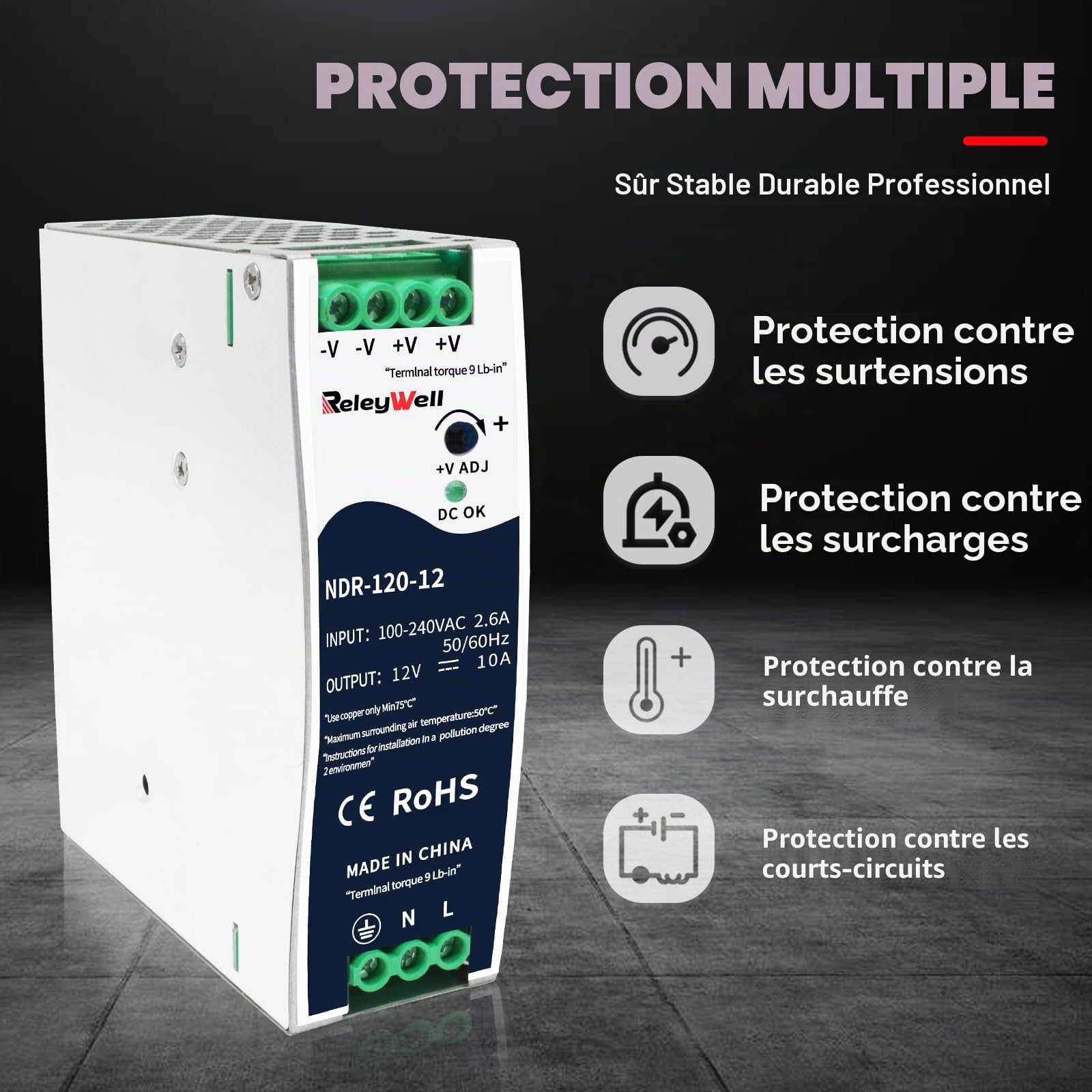 Alimentation pour rail DIN 12V, 120W, 10A ; transformateur 230v vers 12v led, rail DIN, alimentation 12 volts, transformateur de sonnerie, ReleyWell, NDR-120-12
