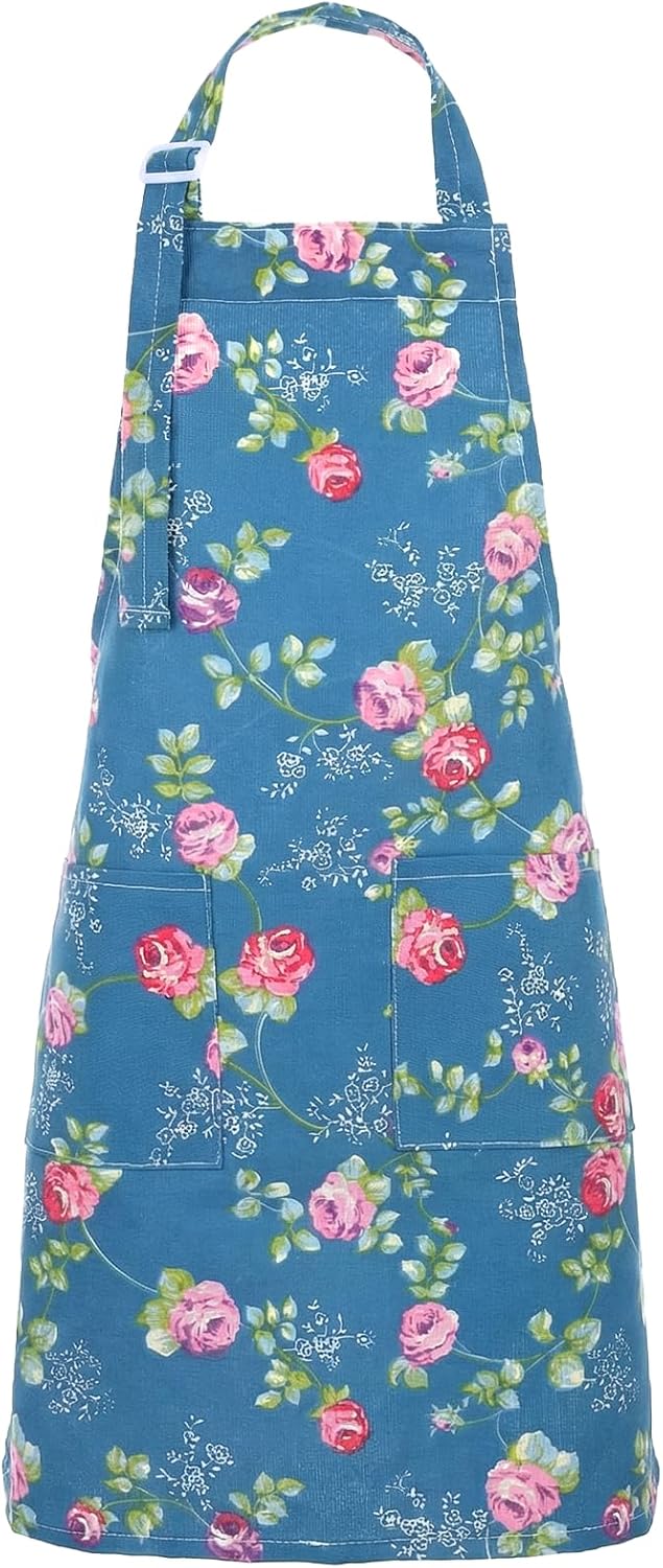 Ptwola Women's Floral Canvas Apron with Pockets - Adjustable Cute Kitchen Cooking Baking Gardening Apron, Blue