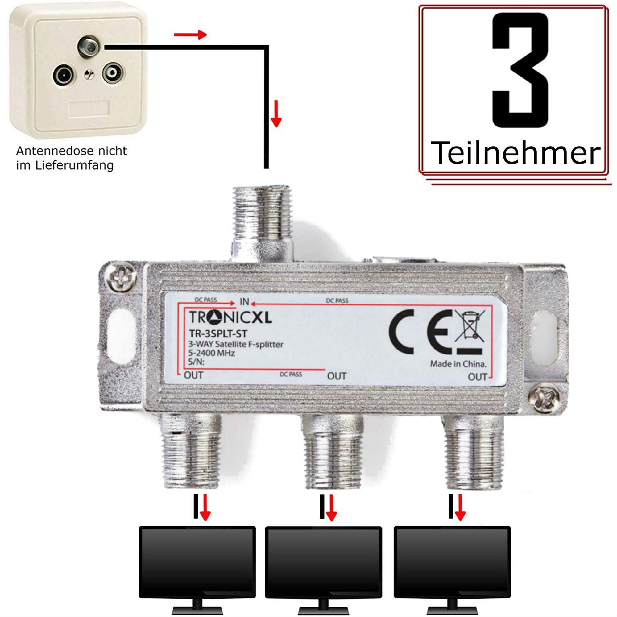 TronicXL 3 vías Banda Ancha 3D 4 K HD Sat Divisor Distribuidor Cable Adaptador para Virgen Media Vista aérea Sat Sky Telewest Eurovox Starview Dreambox satélites coaxial Caja Televisión TV CATV