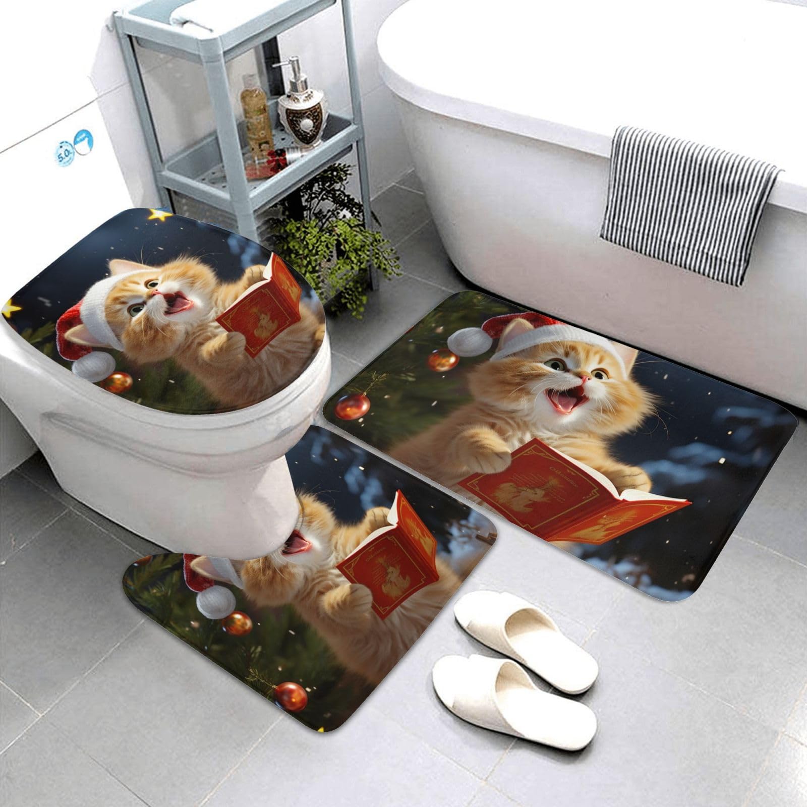 Dwrepo Cute Cat Sing Christmas Carols Print Bathroom Rug Set 3 Piece with Non-Slip U-Shaped Contour Mat and Toilet Lid Cover for Bathroom Decoration
