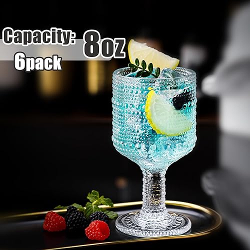 Miniatura 2 de Juego de 6 copas de vino vintage, copas de agua de vidrio en relieve transparente de 8 onzas, copas de cóctel con tallos, vasos de whisky, vasos de