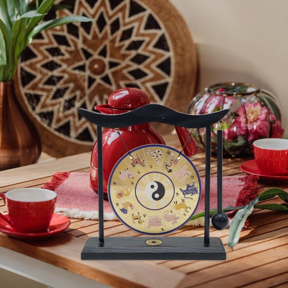 Ornamento Gong Tavolo con Maglio, Gong Tavolo Cinese Feng Shui Gong Grafico di Gossip Cinese per Decorazione Domestica di Inaugurazione della Casa