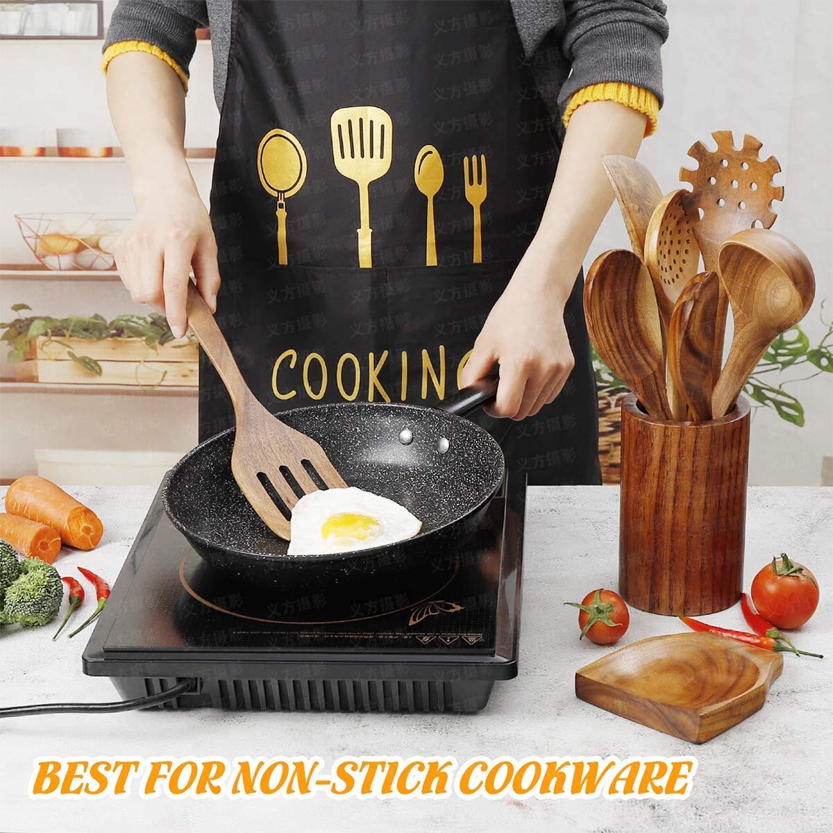 Wooden Kitchen Utensil Set Uncoated Dishwasher Safe Bamboo Cooking Utensils Set with Holes, Organic Teak Wooden Spoons for Cooking (8 Pieces)