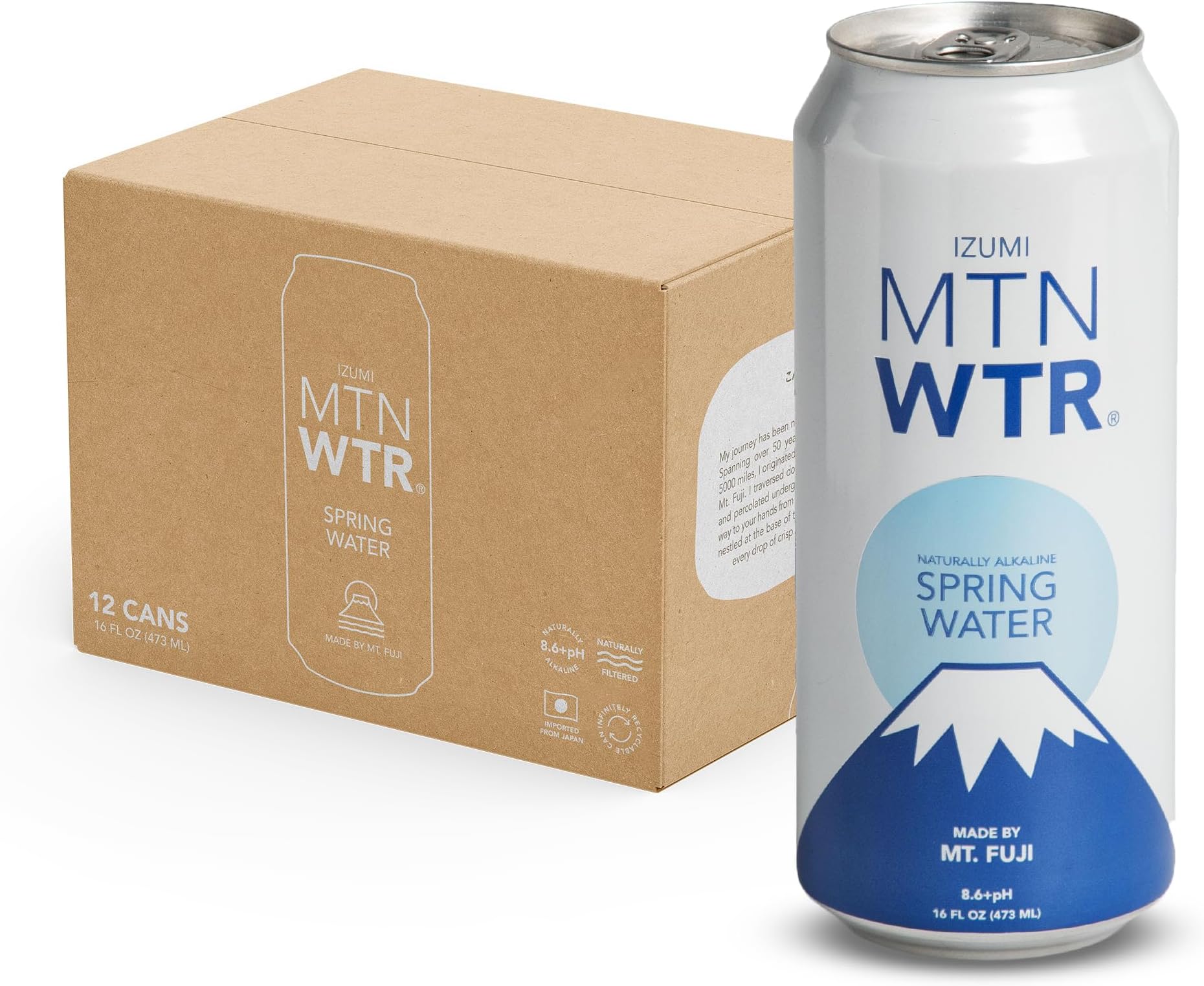MTN WTR Naturally Alkaline Spring Water | Made by Mt. Fuji, Japan | Naturally Filtered Alkaline Spring Water in 16oz Recyclable Aluminum Cans (Pack of 12)