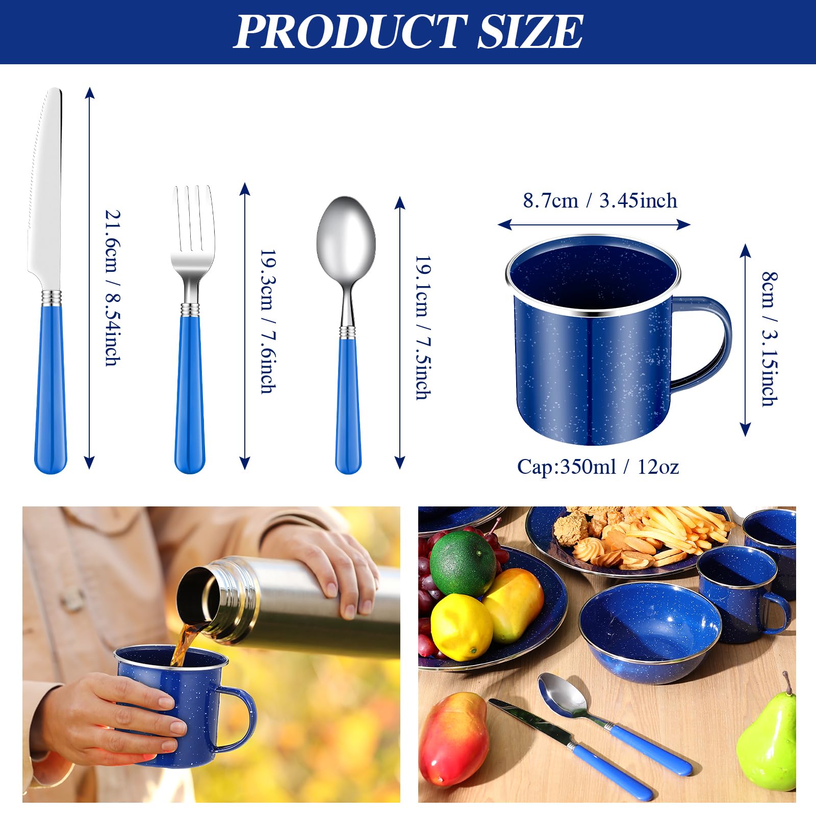Nuogo 12 Pcs Enamel Camping Tableware Set Camping Complete Dinnerware Kit Coffee Mugs Plates Bowls Utensils Set with Knife Fork Spoon for 2 People Hiking Picnic, Blue