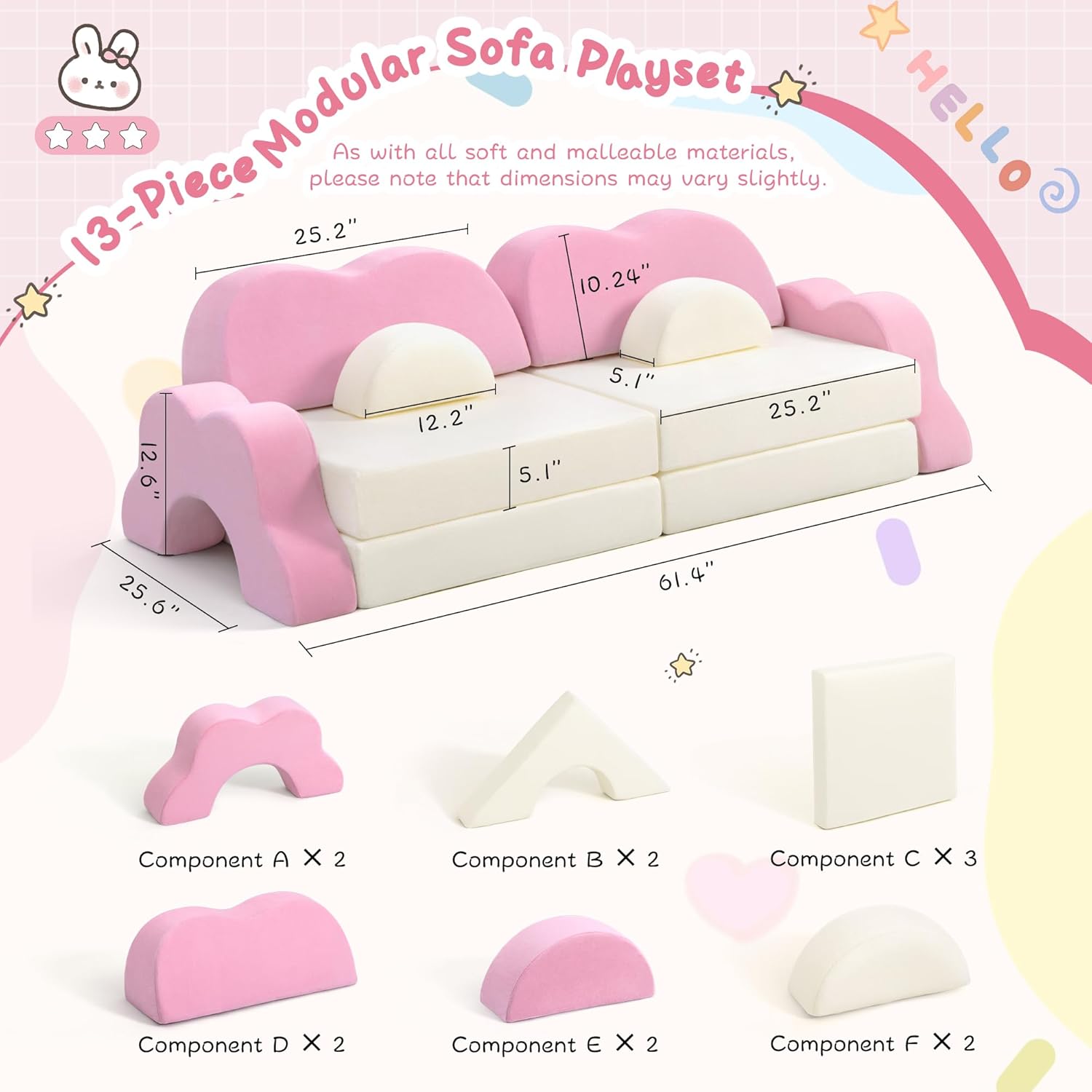 Modular Kids Play Couch, 13PCS Thick Toddler Sofa Set, Convertible Foam Couch for Building Forts, Lounger & Play, Removable Washable Cover for Playroom, Bedroom (Pink)