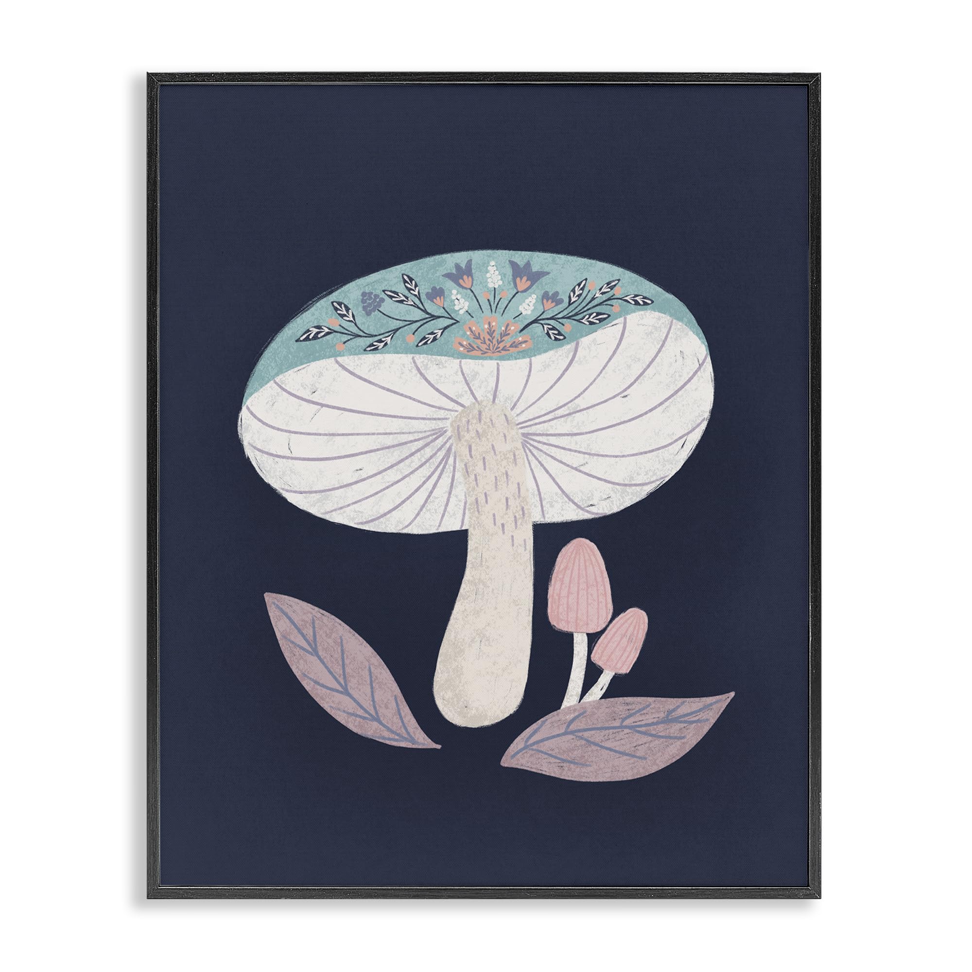 Stupell Industries Midnight Black (Textured) Floral Cottage Mushroom Whimsical, 24 X 30 Inch Framed Giclée Print