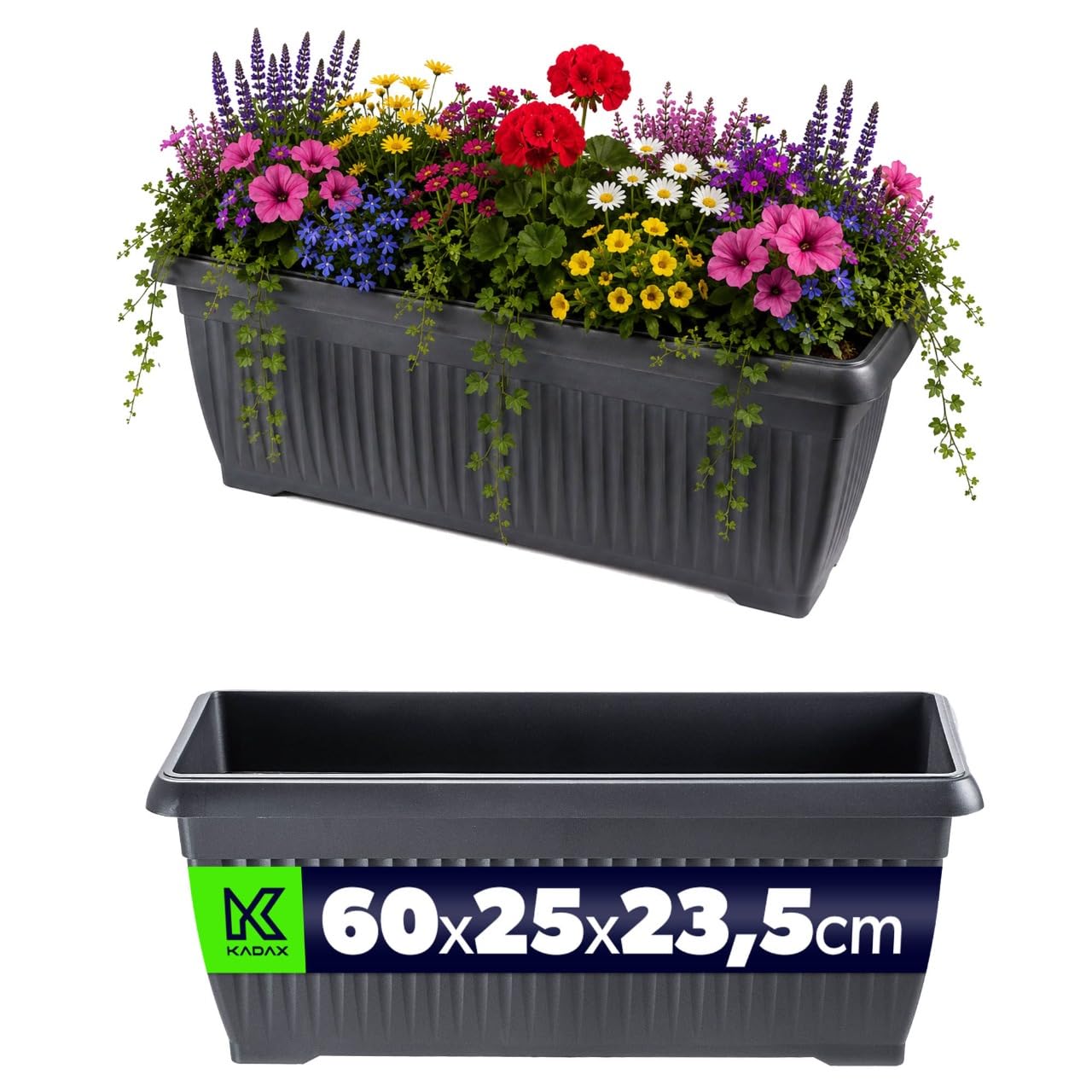 KADAX Blumenkasten 60 x 25 x 24 cm, großer Balkonkasten aus Kunststoff, Pflanzkasten für Balkon, Terrasse & Garten, Pflanzkübel für Balkonblumen (Anthrazit)