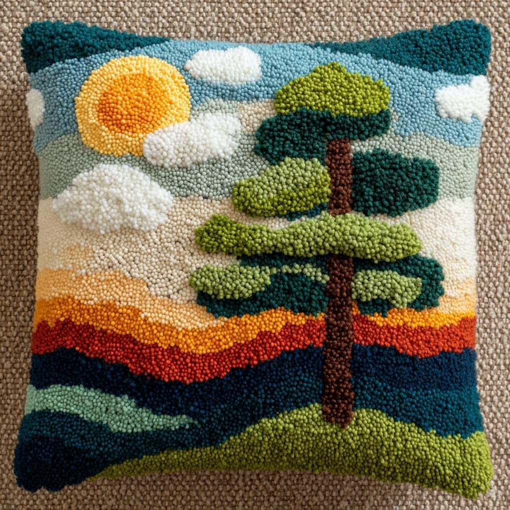WallustrioaW Latch Hook Kit Cushion Latch Hook Kit,Sunset Pine Tree Landscape
