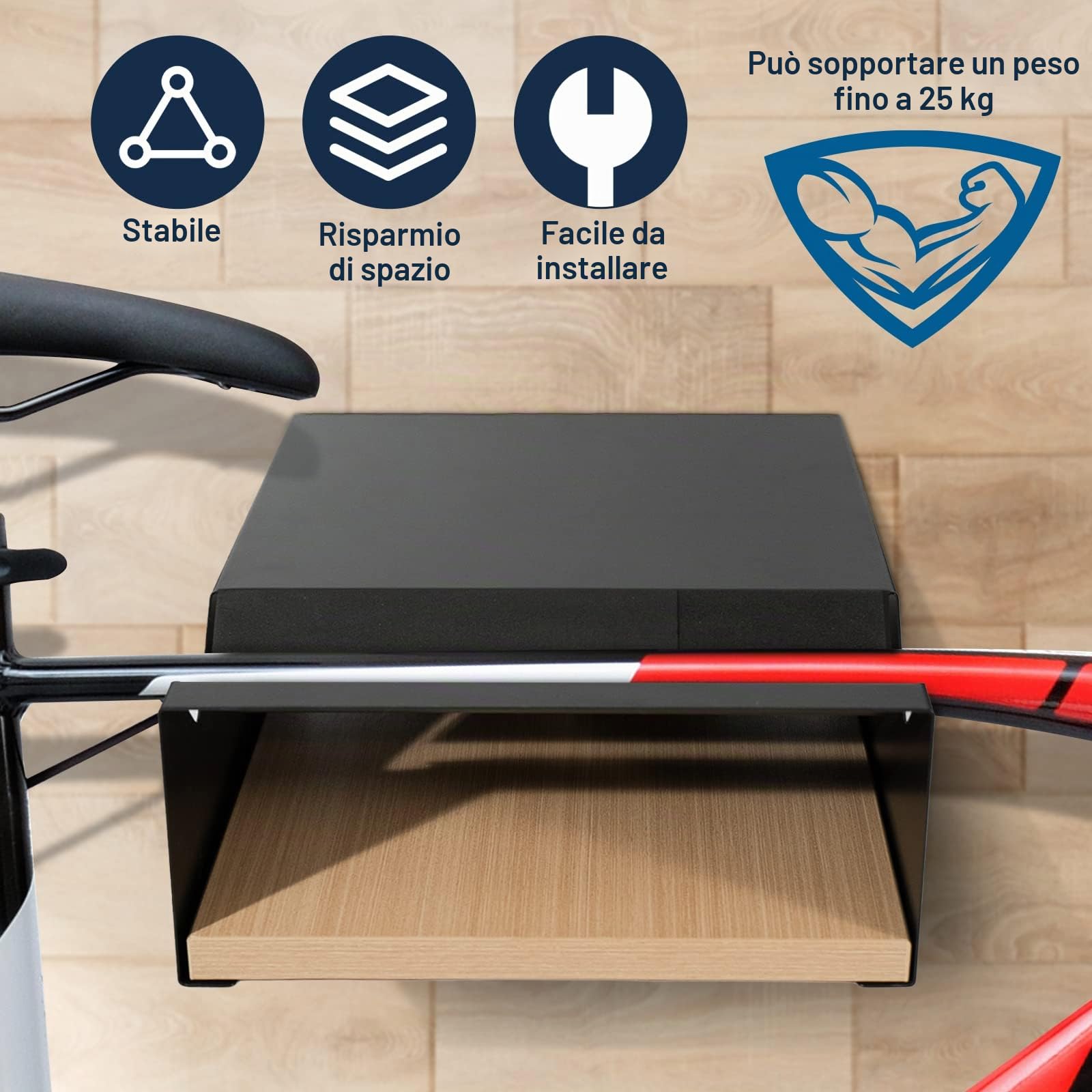 MOSHAY Supporto da parete per bicicletta, in alluminio e legno, supporto per bicicletta da strada, bici da ghiaia, bici da turismo, supporto da parete per interni per garage e soggiorno