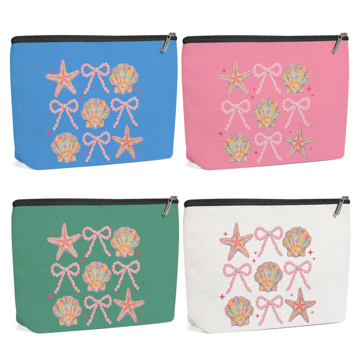 4 Pack Vintage Cute Bow Starfish Seashell Pearl Beach Coastal Makeup Bag, Travel Essential Cosmetic Bags for Women, Bachelorette Party Travel Toiletry