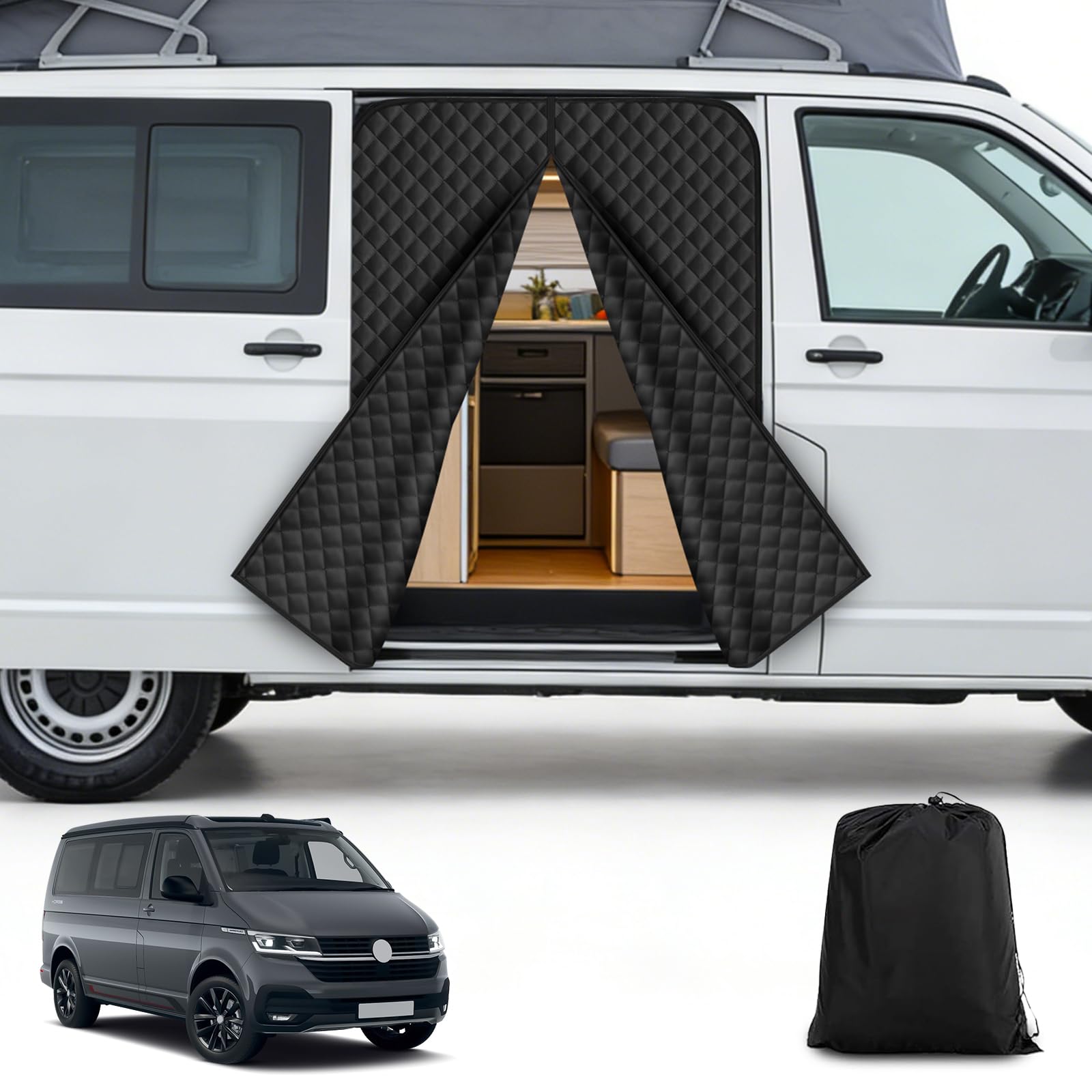 Isolierung Seitentür Türabdeckung kompatibel mit VW T5 T6 T6.1 California, Magnetischer Van Isolierte Thermovorhang, 420D Oxford Gewebe Isolierdecke Camping Reise, Einfache Installation