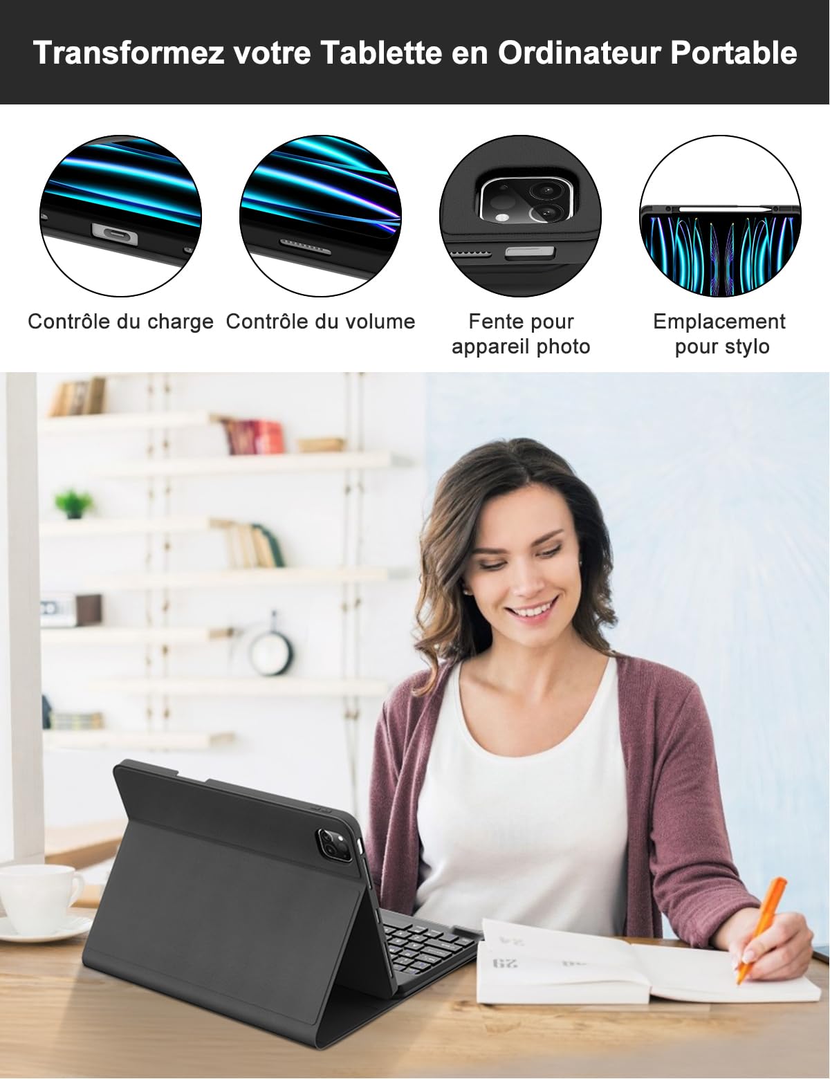 FOGARI Étui Clavier pour iPad Pro 12.9 2022/2021/2020/2018(6/5/4/3 Gén) | AZERTY Français Étui Clavier Magnétique Bluetooth sans Fil pour iPad Pro 12.9 6è/5è/4è/3è Gén, Noir