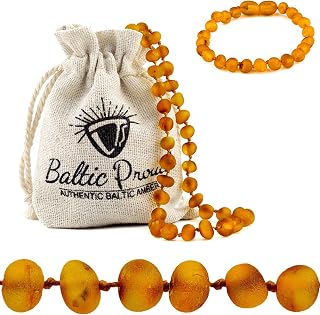 Baltic Proud Raw Amber Necklace and Bracelet Gift Set (Unisex Honey Raw 12.5 Inches/5.5 Inches) - Certified Premium Quality Raw Baltic Sea Amber