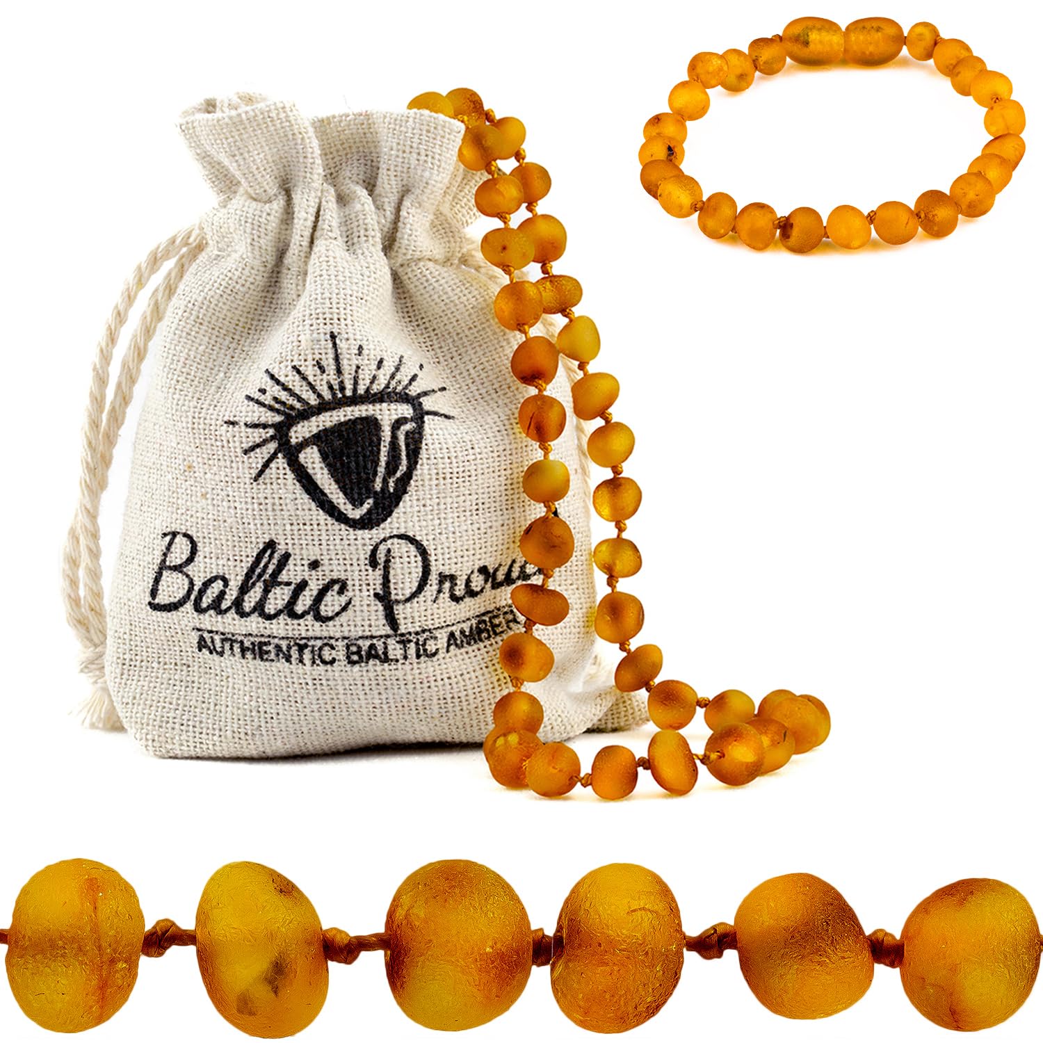 Baltic Proud Raw Amber Necklace and Bracelet Gift Set (Unisex Honey Raw 12.5 Inches/5.5 Inches) - Certified Premium Quality Raw Baltic Sea Amber