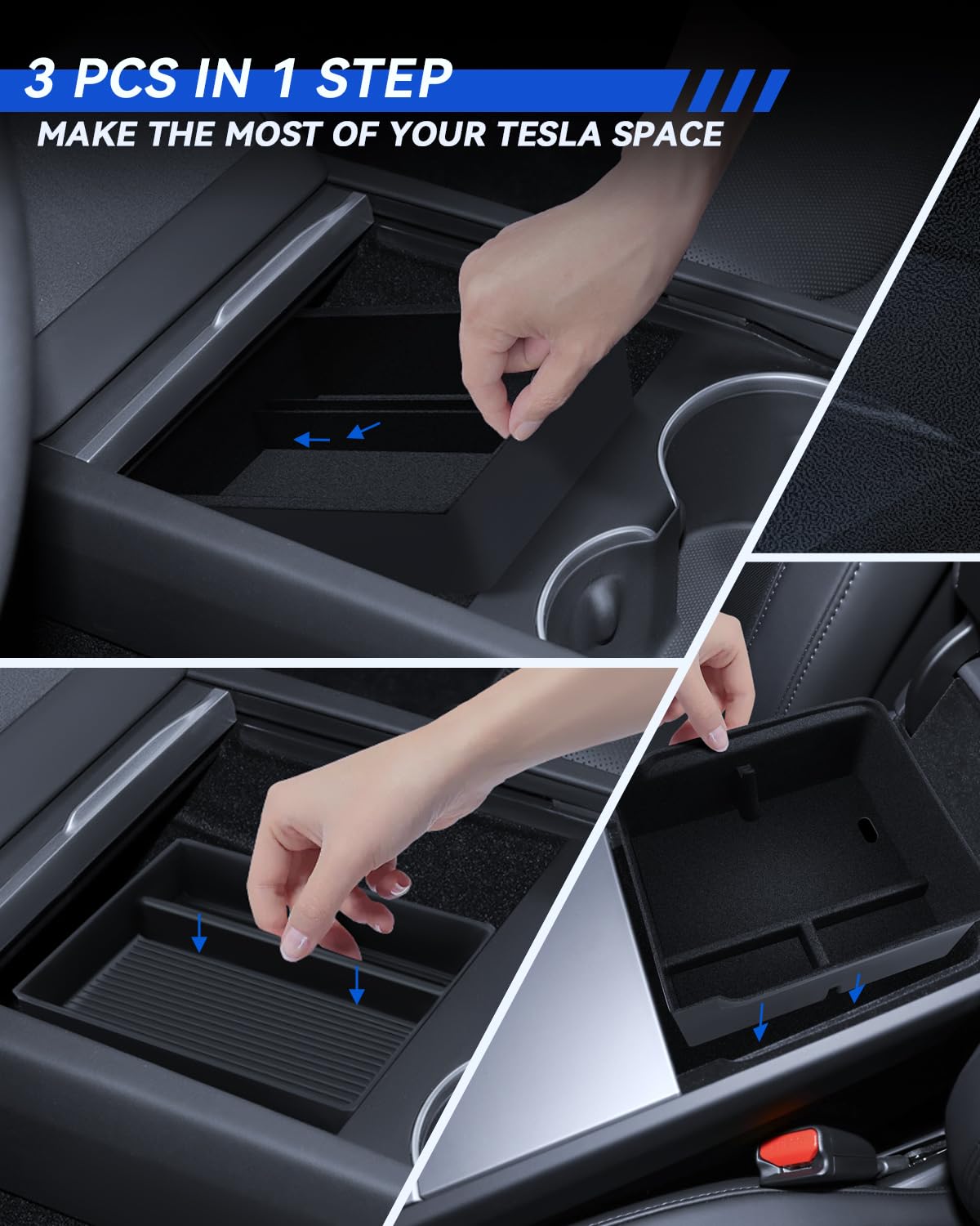 3 Pcs Zubehör für Tesla Model 3 2024-2025 Mittelkonsole Organizer, Silikon Organizer Tray und Armlehne Aufbewahrungsbox (Beflockung)
