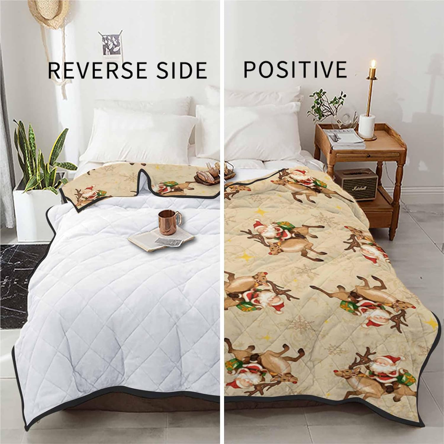 T&H XHome Quilt California King Luxury Quilted Comforter Bedspread-Thin Soft Cozy, Christmas Khaki Santa Claus Reindeer Print Design Reversible Stitched Lightweight Quilt Coverlet for All Season