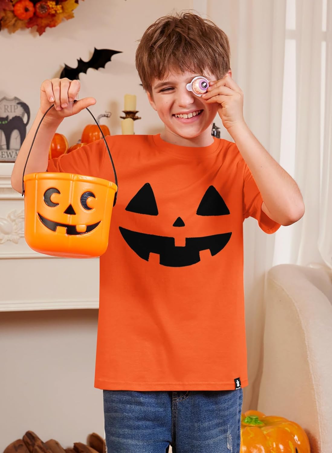 BesserBay Unisex Kids Jack O' Lantern Pumpkin Face Tshirt Halloween Funny Orange Tee 9-10 Years - Image 4
