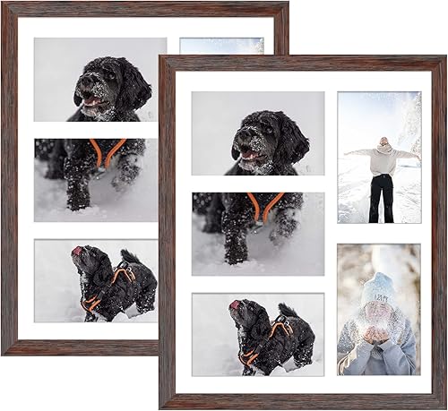 Golden State Art, Marco de madera marrón envejecido de 11 x 14 pulgadas con paspartú blanco  Muestra cinco fotos de 4 x 6  Vidrio templado  Montaje