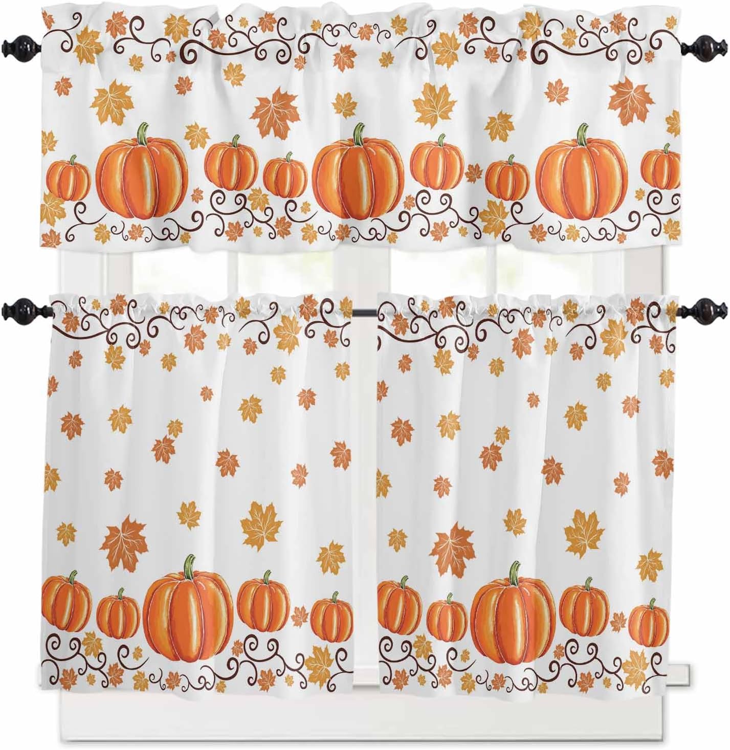 Vandarllin Fall Maple Leaves Kitchen Curtains and Valances Set, Thanksgiving Watercolor Pumpkins Small Windows Treatments Tiers Half/Short Curtains for Cafe/Living Room/Bedroom 54x24 in-, Orange