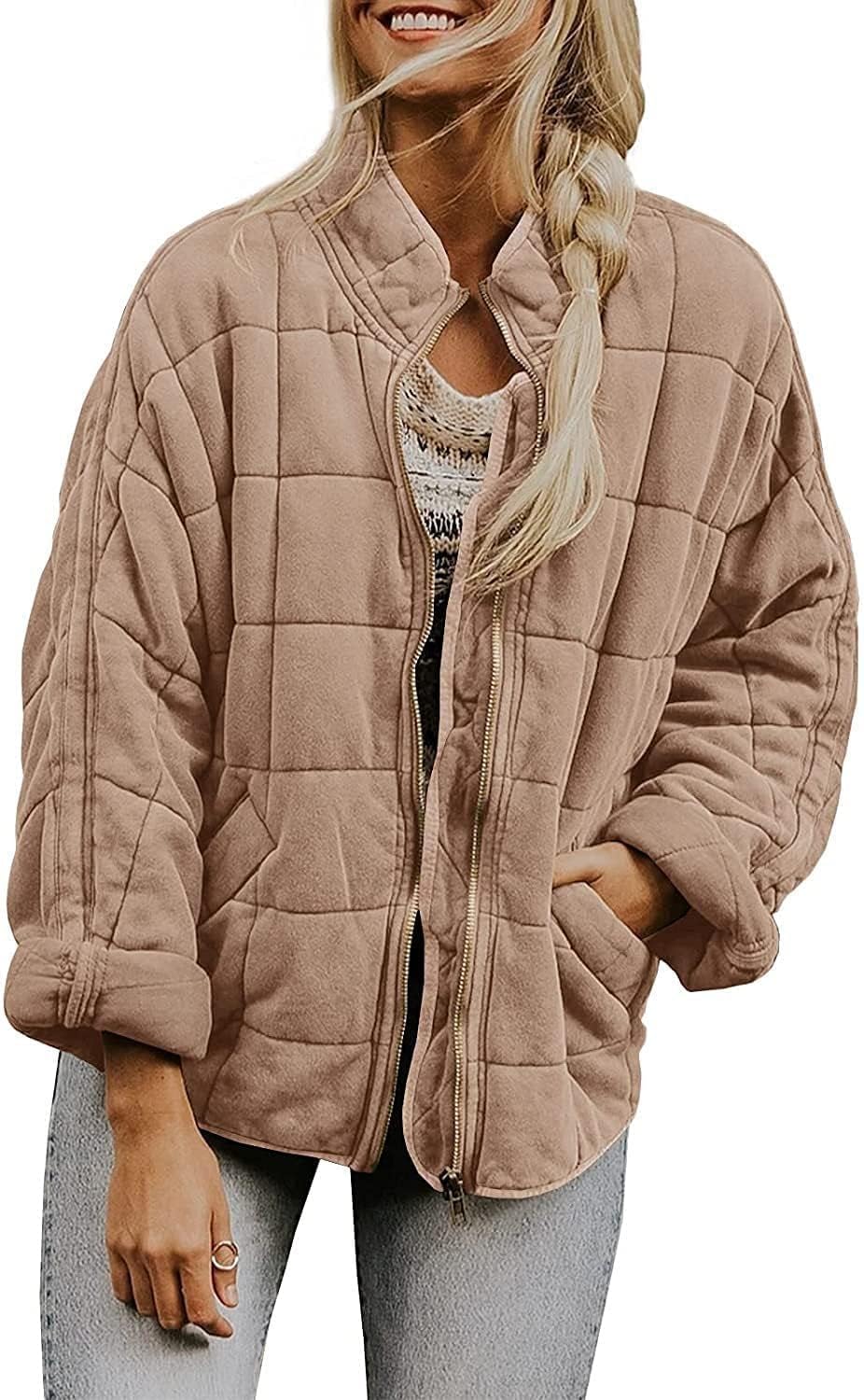 TIAFORD Women's Winter Oversized QuiltedJacket Causal Long Sleeve Full Zip Lightweight Puffer Bomber Coat with Pockets