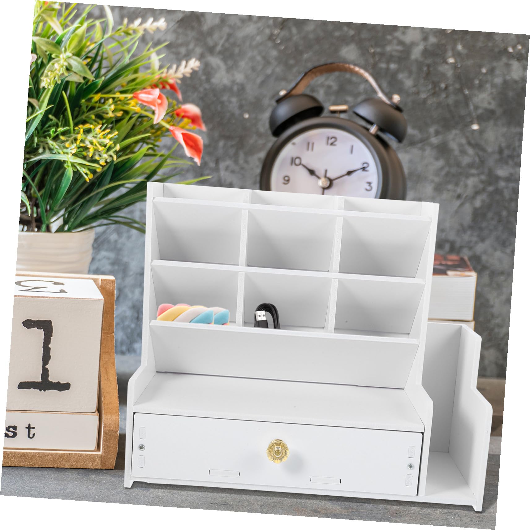 Organizador de Escritorio Rústico Multifuncional Soporte para Bolígrafos con Compartimentos Caja de Almacenamiento para Papelería para Oficina y Hogar