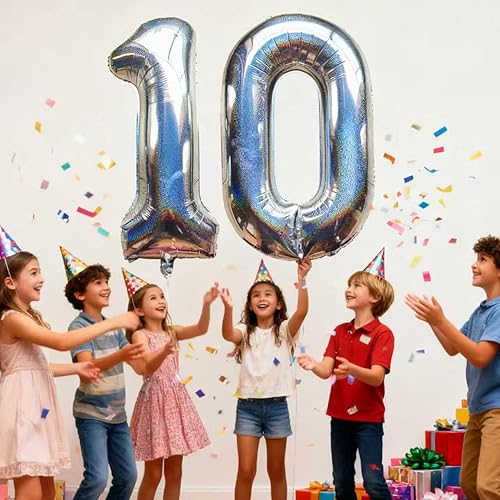 Miniatura 5 de Globos láser plateados con el número 10 de 40 pulgadas, globos gigantes de papel de aluminio de Mylar para 10 cumpleaños, aniversario, eventos,
