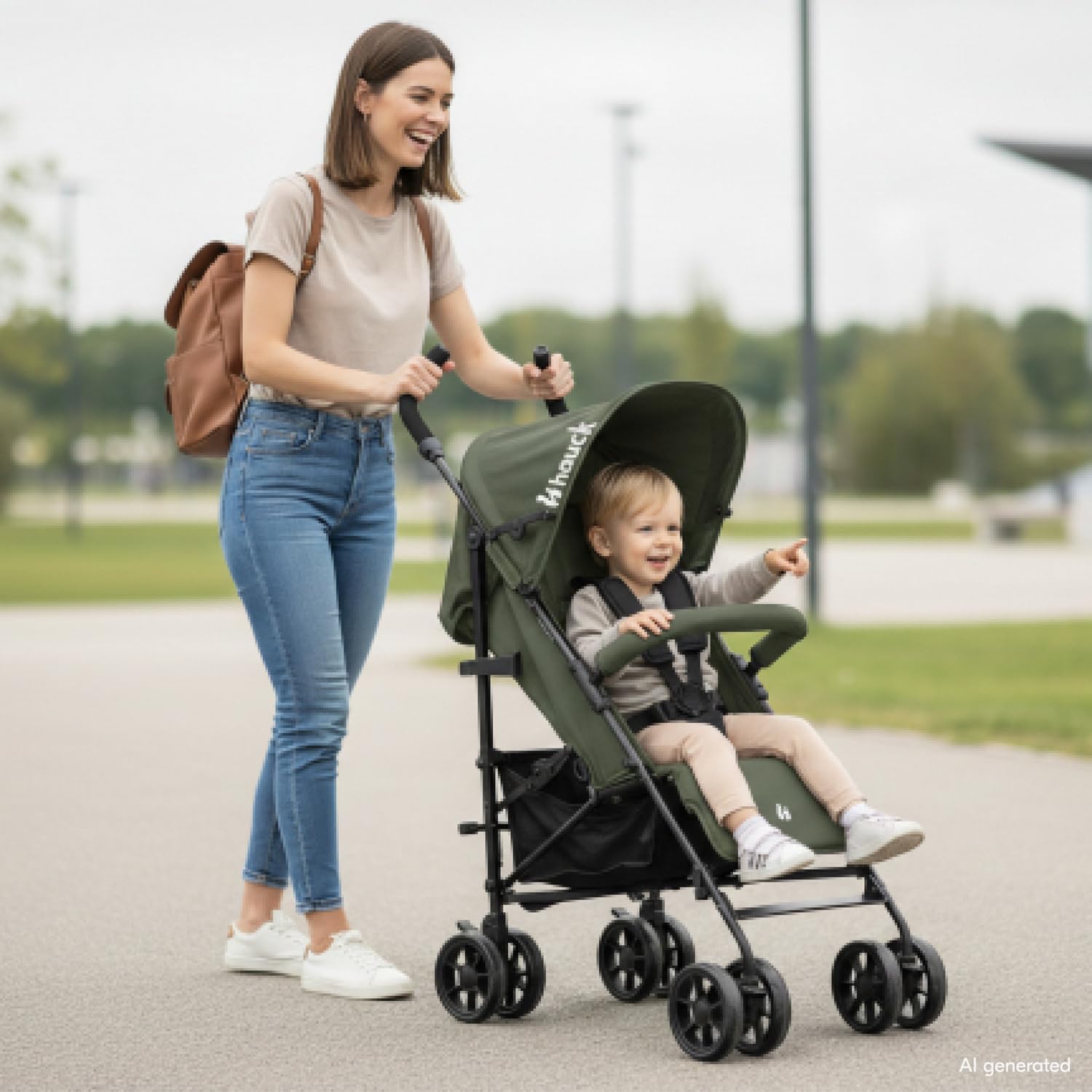 Hauck Fold N Care Olive Schirmbuggy für Kinder bis 22 kg mit Liegeposition & UV-Schutz 50+, XL Korb, EVA Räder