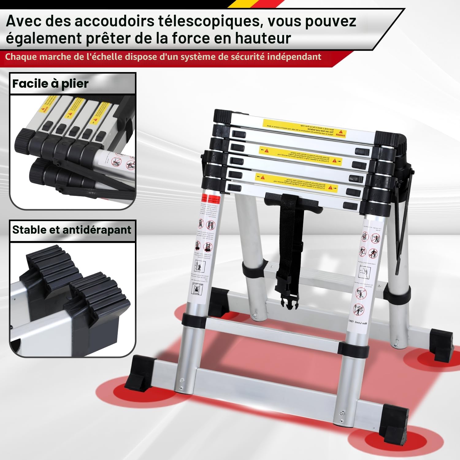 Échelle télescopique Pliante - 1,7 m + 2,0 m - en Aluminium - Cadre A - 5 + 6 échelons - Antidérapante - Charge maximale : 150 kg