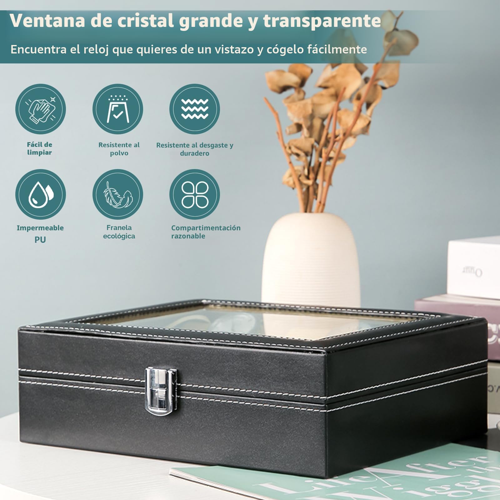 Estuche Relojes 12 Compartimentos Organizador Piel Sintética Almohadilla Extraíble Negro