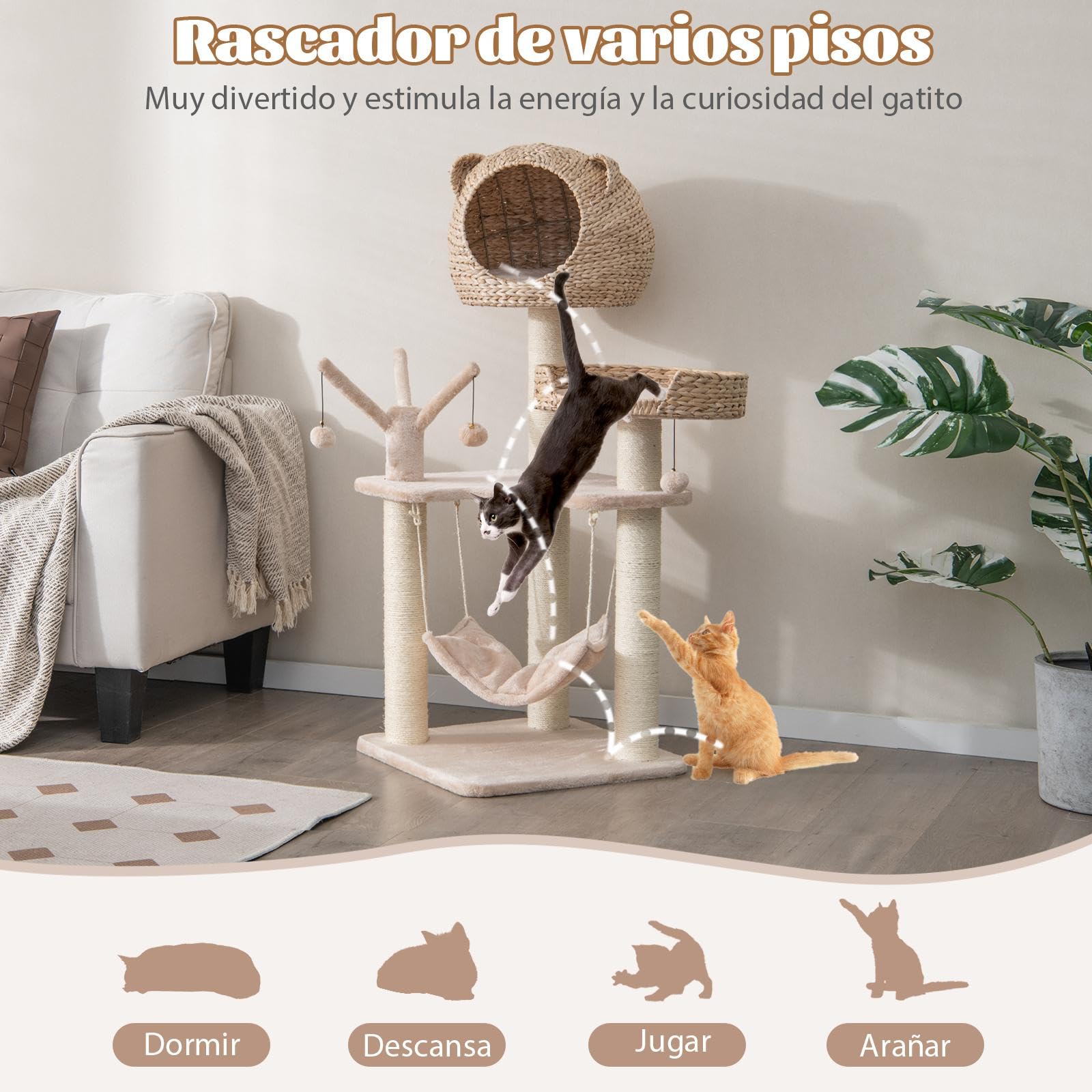 SOARS Rascador de varios niveles, 121 cm, con cueva y hamaca, 4 bolas y cama, árbol de escalada para gatos, estable