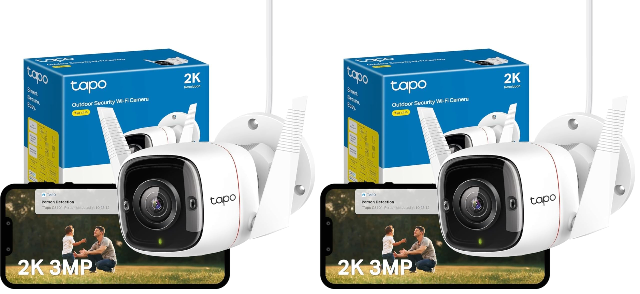 Tapo C310 Caméra de Surveillance WiFi extérieur 3MP, Vision Nocturne à 30 m, détection de Mouvement, étanche IP66, Notification d'alarme, Audio bidirectionnel, Compatible Alexa et Google (Lot de 2)