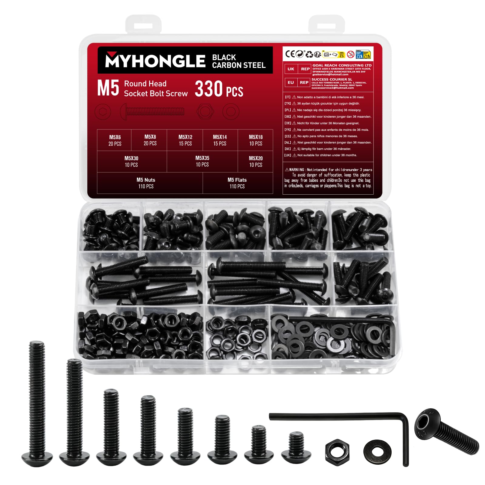 330 Pcs M5 Screws Set, M5 Bolts and Nuts Set, Carbon steel Machine Screws Assorted Nuts and Bolts Assortment, Hex Socket Button Head Screw Set (M5-330)