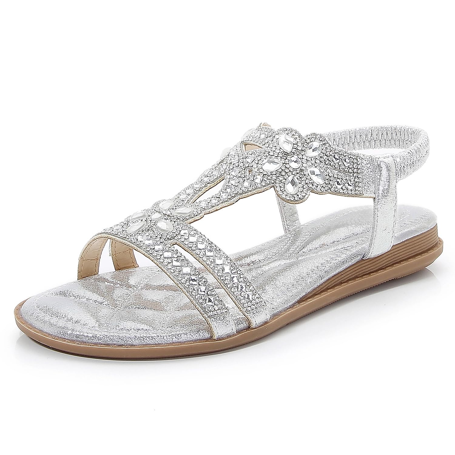 iCKER Women Rhinestone Sandals T-Strap Buckle Bohemian Pearl Crystal Flat Sandals