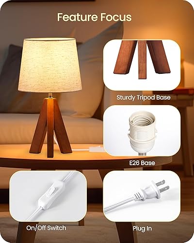 Miniatura 4 de LE51TL05 - Lámpara de mesa pequeña con trípode, moderna lámpara de mesita de noche con pantalla de tela, lámpara de escritorio de madera bohemia