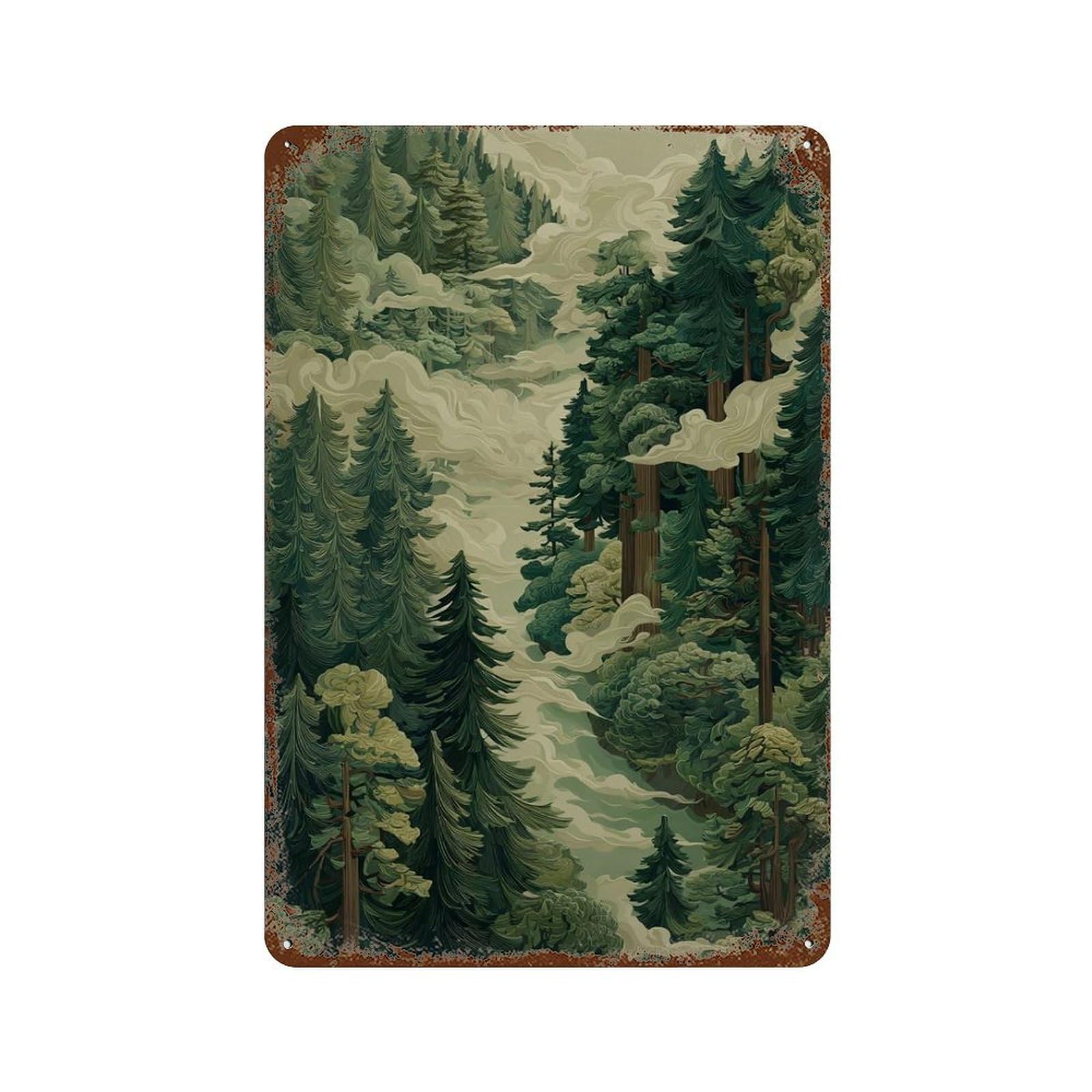 xiaoxiaoshen Forest Fog Misty Pine Trees Green Woodland Landscape Wall Decor Art Metal Tin Poster Modern Home Decor Art Home Bar Shop Decorations Vintage Sign 30x20cm
