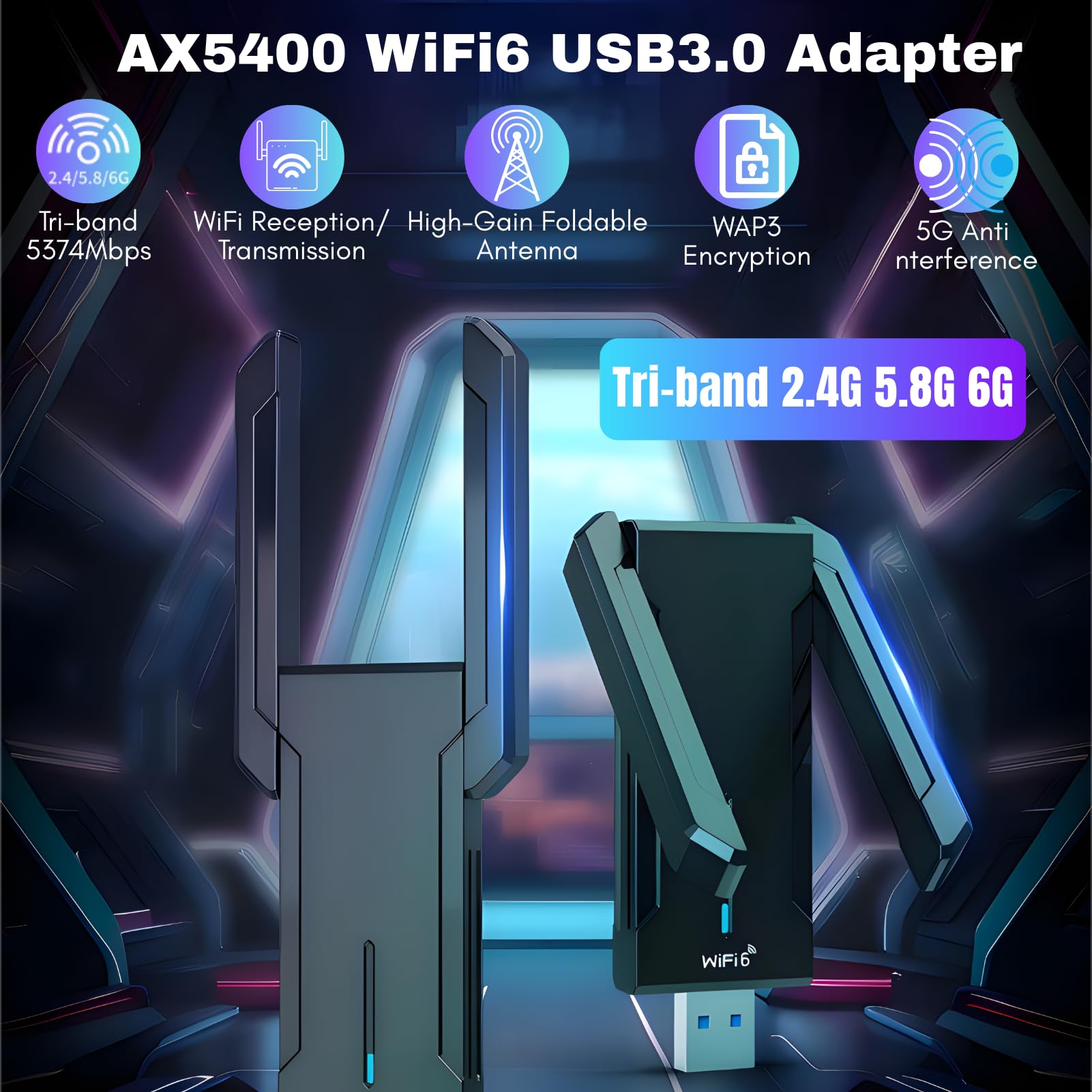 Clé WiFi 6 Tri-Bande Puissante AX5400, Clé WiFi pour PC Adaptateur 2.4G/5G/6G USB 3.0 WiFi Dongle avec Antennes Doubles Compatible avec Windows 11/10, WPA3