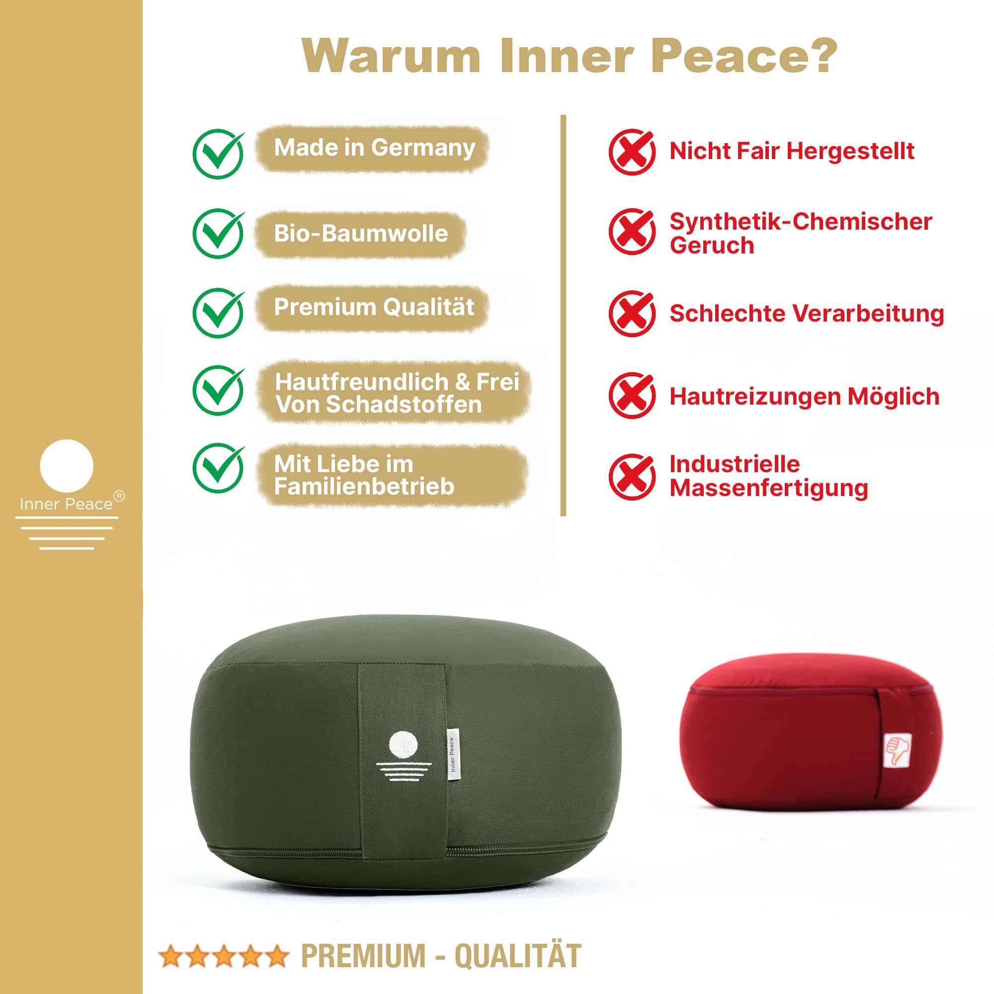 Inner Peace Yogakissen Meditationskissen aus 100% Bio Baumwolle und mit Bio Dinkelfüllung | Yogakissen Rund, Yoga Sitzkissen, Yogakissen Meditationskissen, Sitzkissen Yoga, Meditation Cushion | Meditationskissen rund, höhenverstellbar, Yoga Sitzkissen, wa