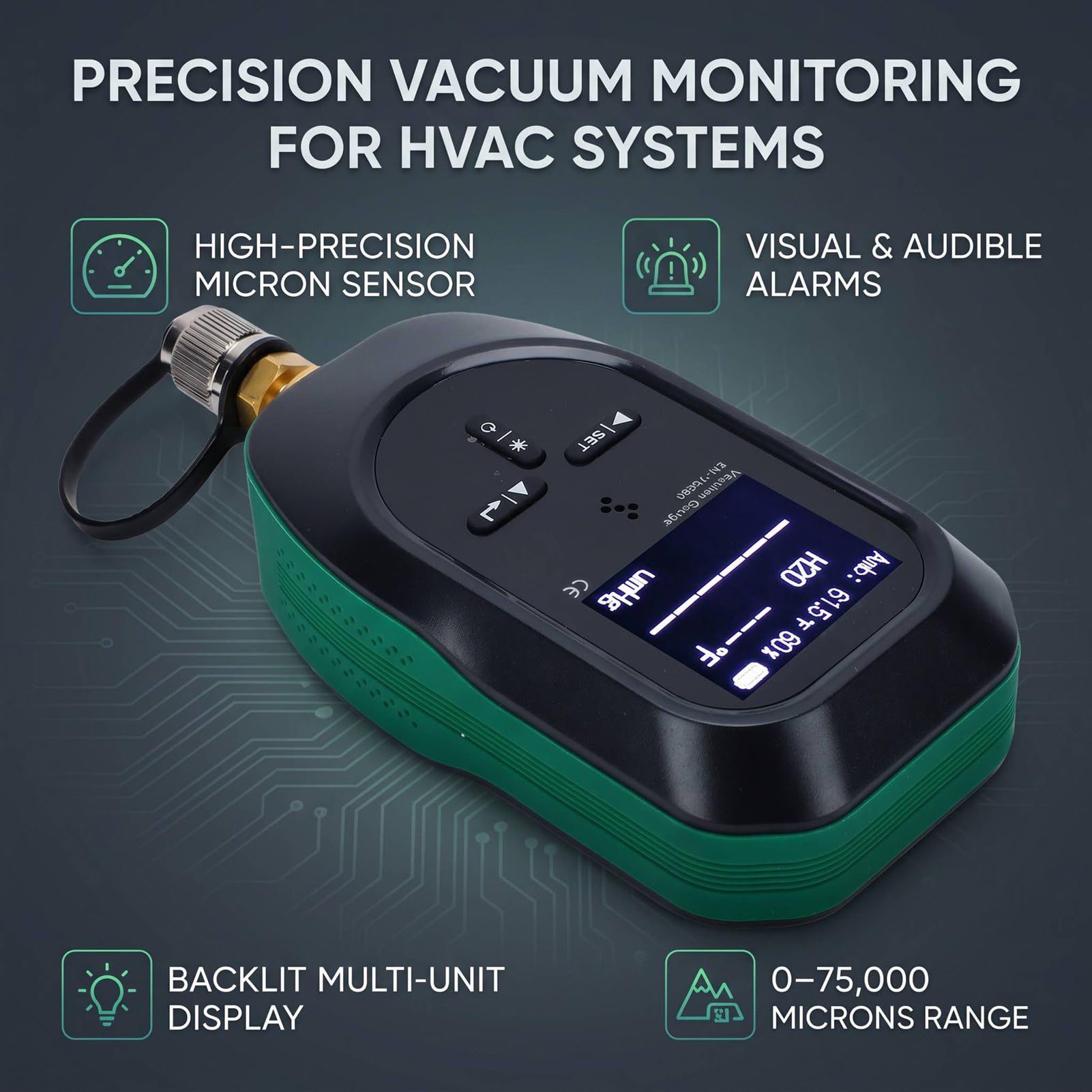 Keenso Medidor de Vacío Digital, Probador HVAC Preciso de 75000 Micras para Sistemas de Refrigeración, Construcción ABS, Ajuste SAE de 1/4 Pulgadas