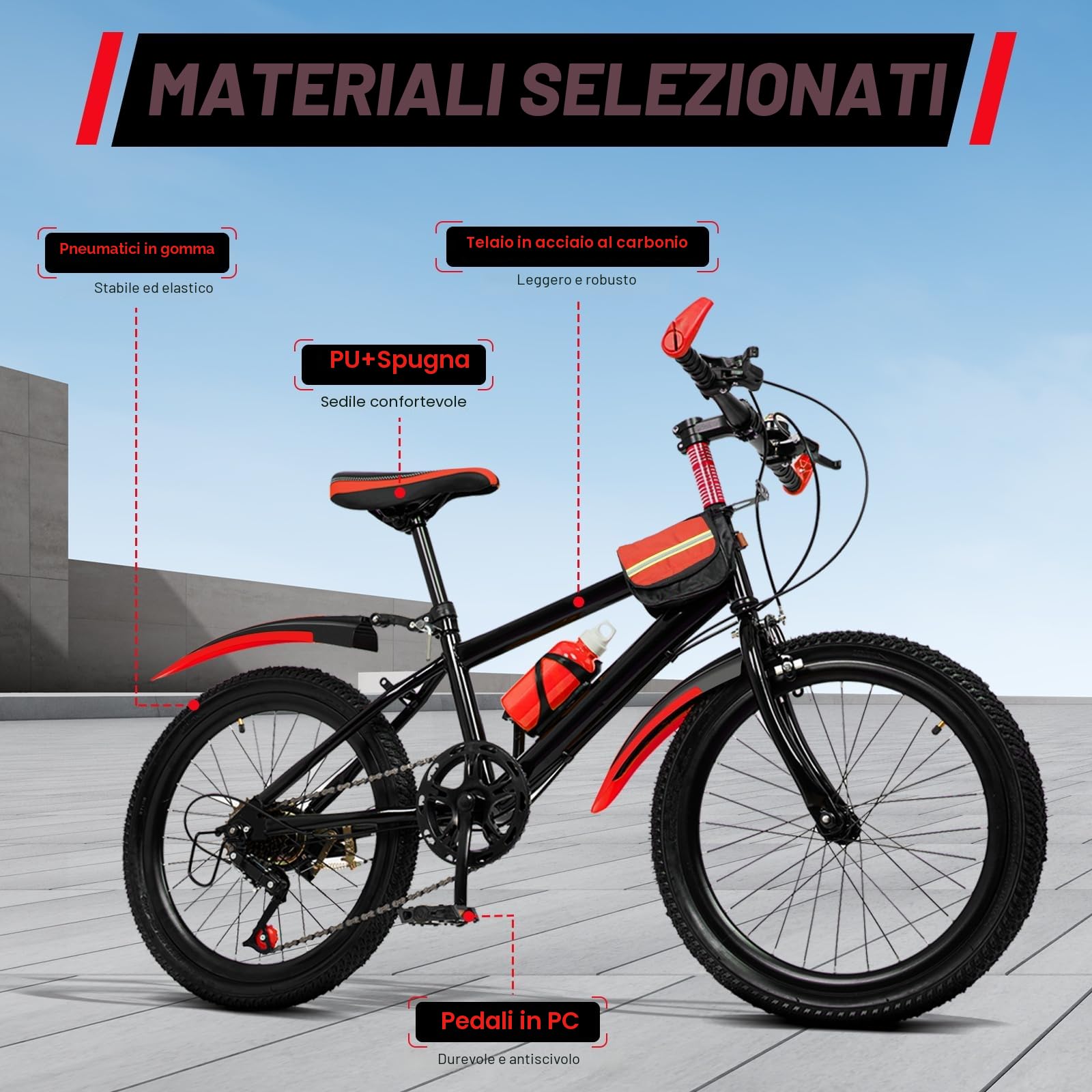 Mountain bike 20",Bicicletta per Bambini 8-13 Anni 7 Marce Acciaio Carbonio Con parafanghi Portabicchieri Campanello Per Ragazzi e Ragazze(Rosso)