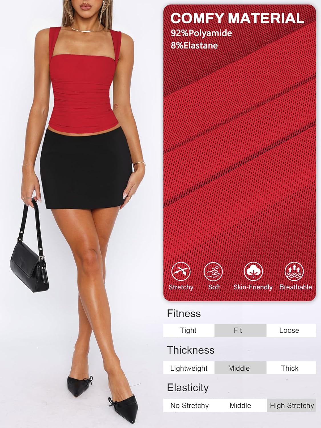 Womens Square Neck Tank Top Mesh Side Ruched Double Lined Y2k Trendy Going Out Tops Summer Basics Clothes - Image 5