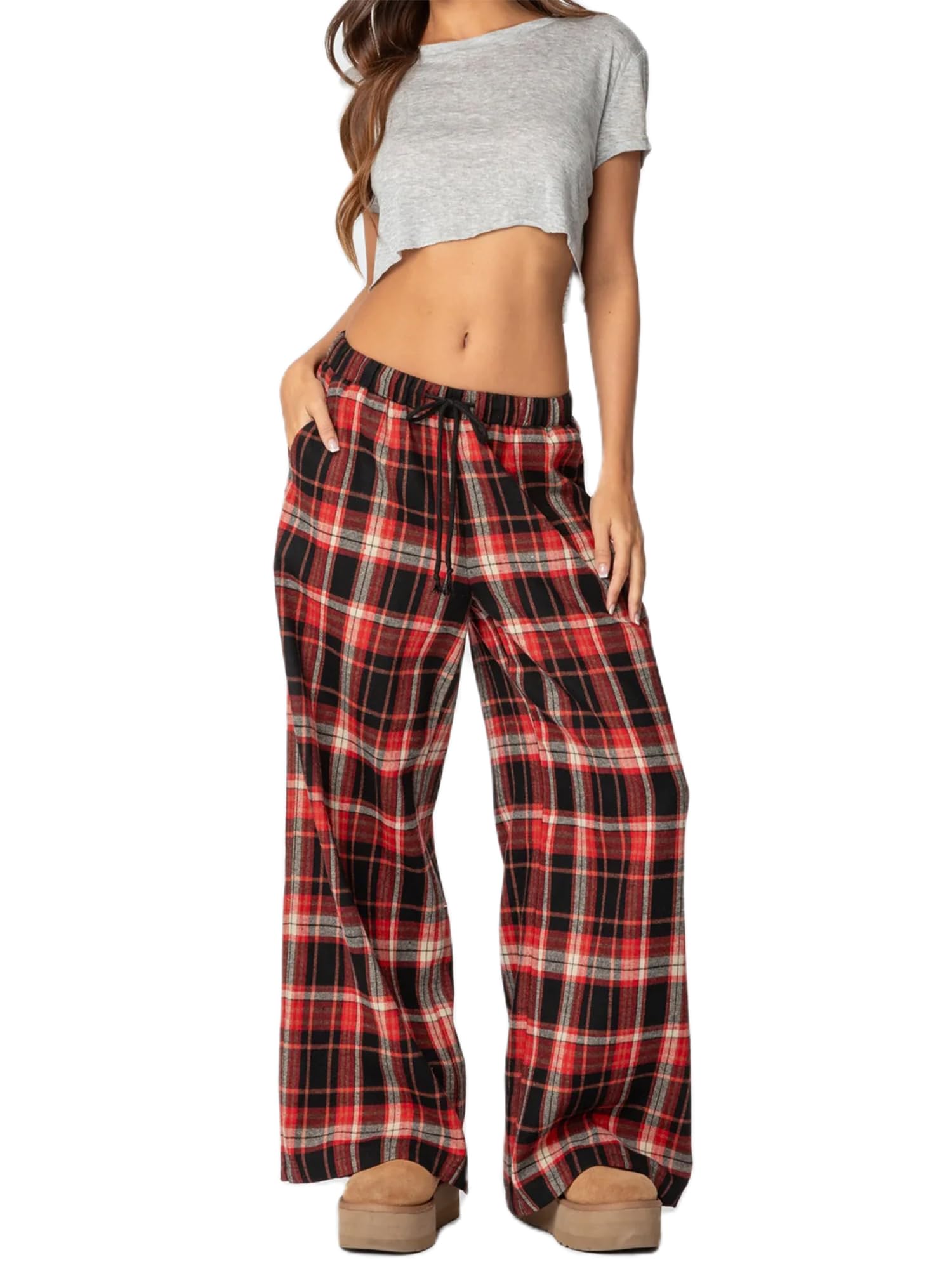 Sexy Outfit Pantalon de Salon à Jambes Larges pour Femmes, Confortable, Taille élastique, Baggy, à Carreaux, Palazzo, Ample, Cordon de Serrage, avec Poche