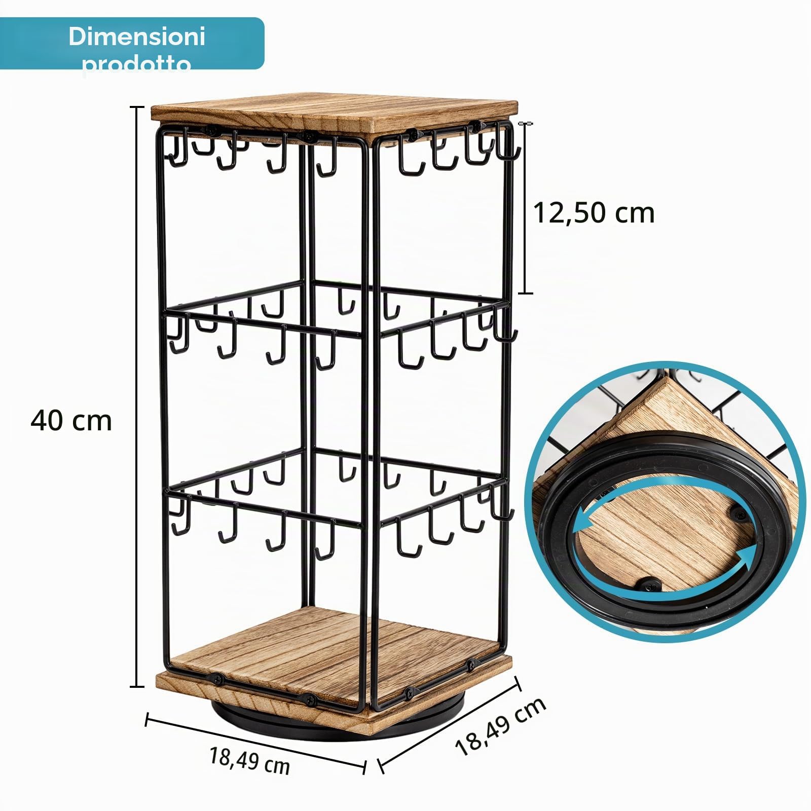 Organizer per orecchini, espositore girevole a 360°, espositore per orecchini a 3 strati, con 48 ganci, vassoio in legno, per orecchini, borchie (metallo e legno)